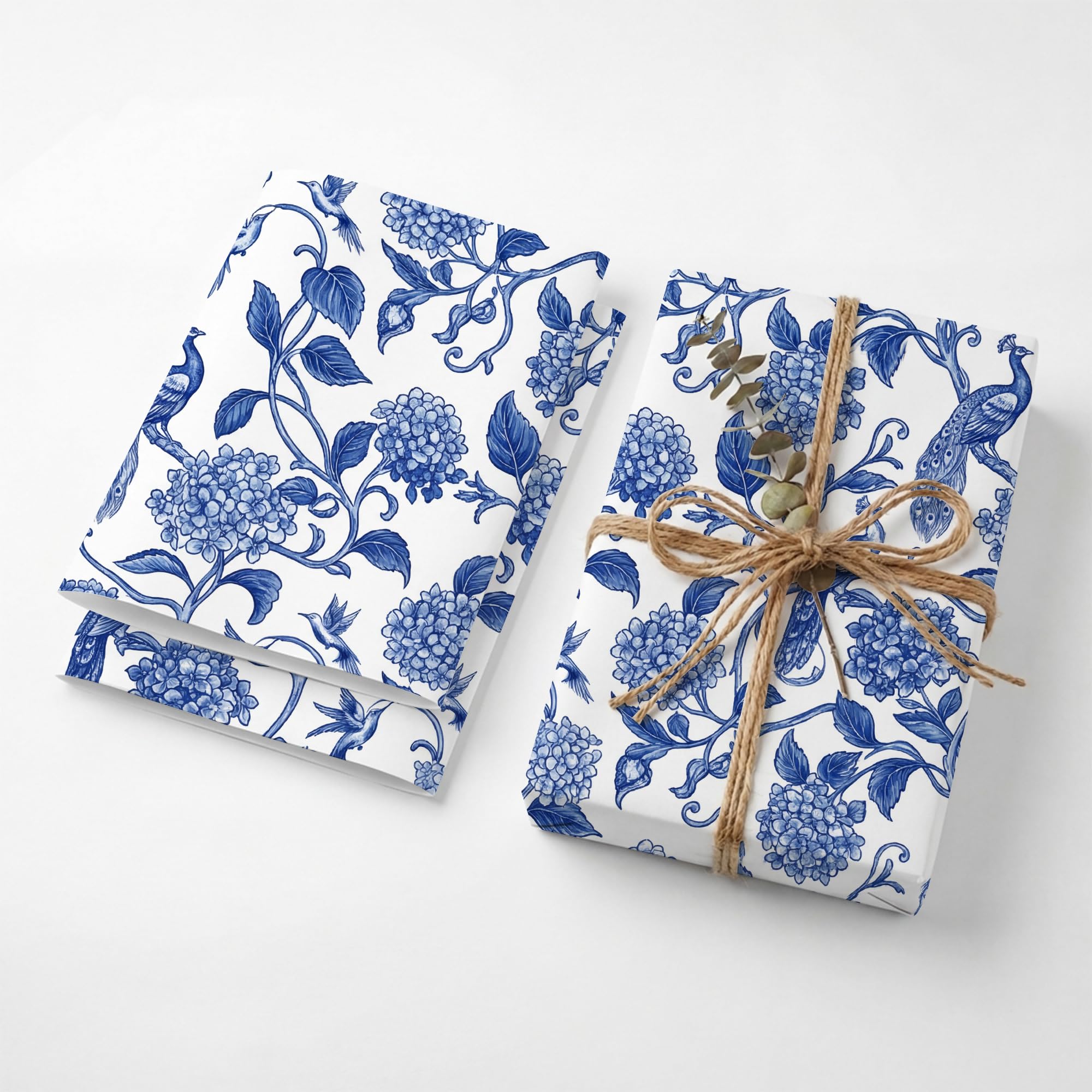 SHSEEN Blue Chinoiserie Peacock Wrapping Paper, 19.6 x 27.5 in, 2 Sheets — image 1