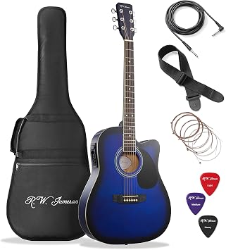 Blue Full Size Thinline Acoustic Electric Guitar with Free Gig Bag Case & Picks