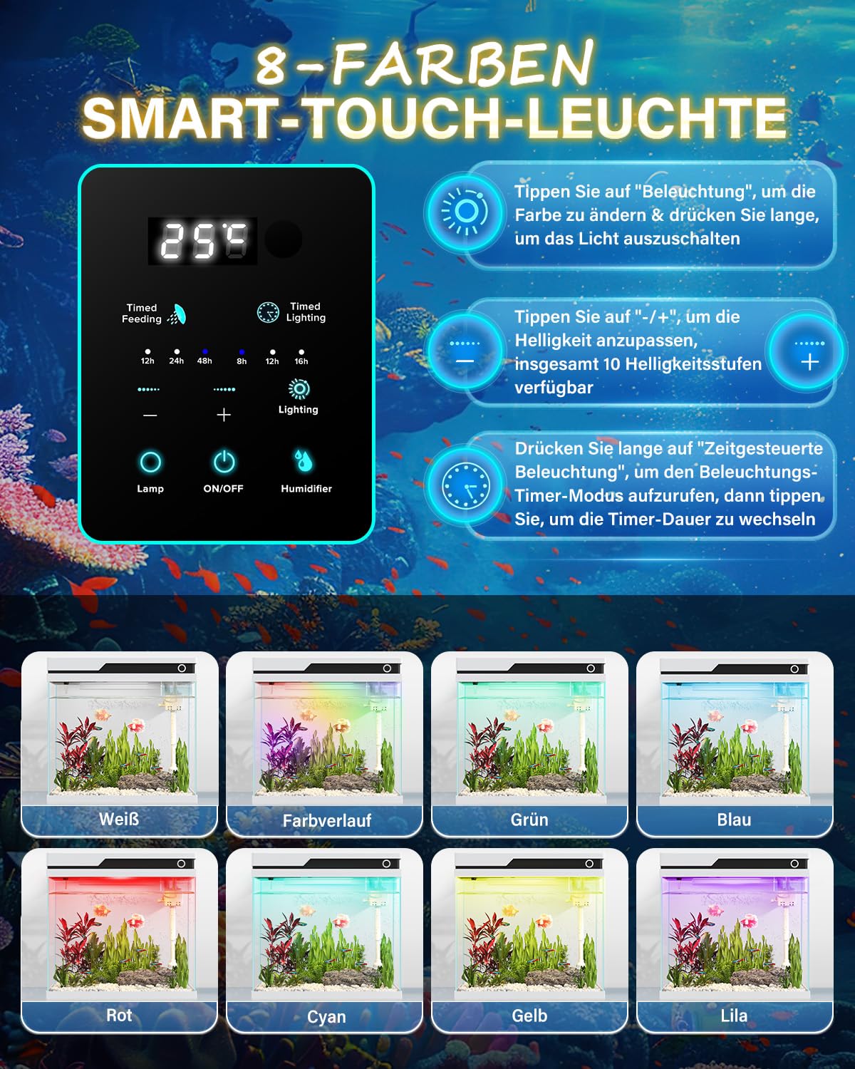 Vehipa Petit Aquarium 26L, Aquarium Complet Débutant avec Distributeur Automatique de Nourriture, humidificateur, Pompe silencieuse 4 en 1, Affichage de la température et éclairage réglable