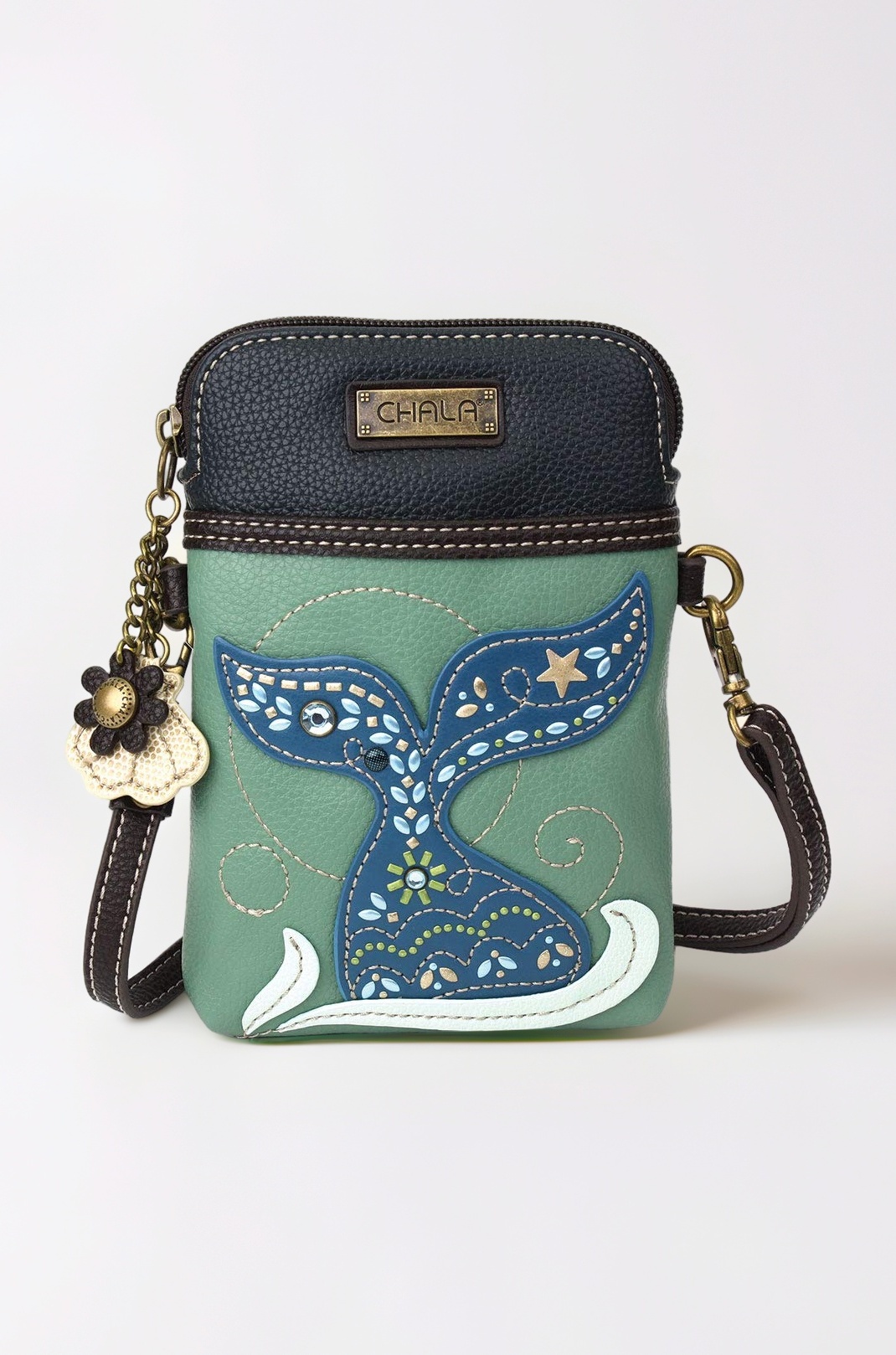 Dazzled Crossbody Cell Phone Purse - Women Faux Leather Multicolor Handbag with Adjustable Strap - Mermaid Tail - Teal