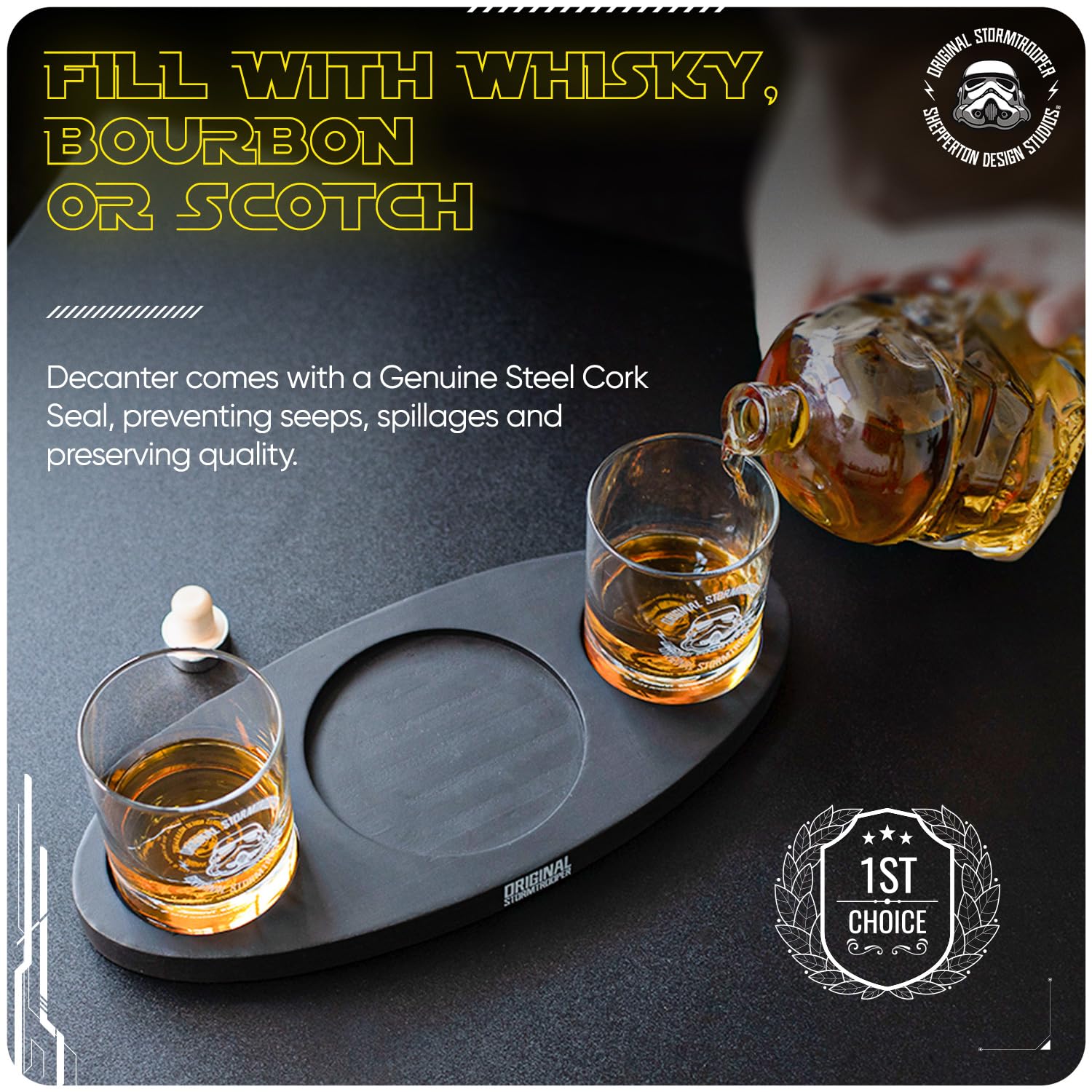 ThumbsUp! Set decanter originale Stormtrooper con 2 bicchieri da whisky 3D, per whisky, bourbon, scotch e gin, decanter da 750 ml con sigillo in sughero originale, bicchieri da 300 ml, regalo di