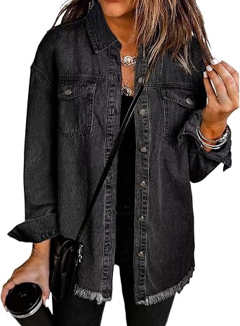Womens Oversized Denim Jacket Distresse Jean Jacket Button Up Frayed Hem Shacket Long Sleeve Denim Boyfriend Shirt