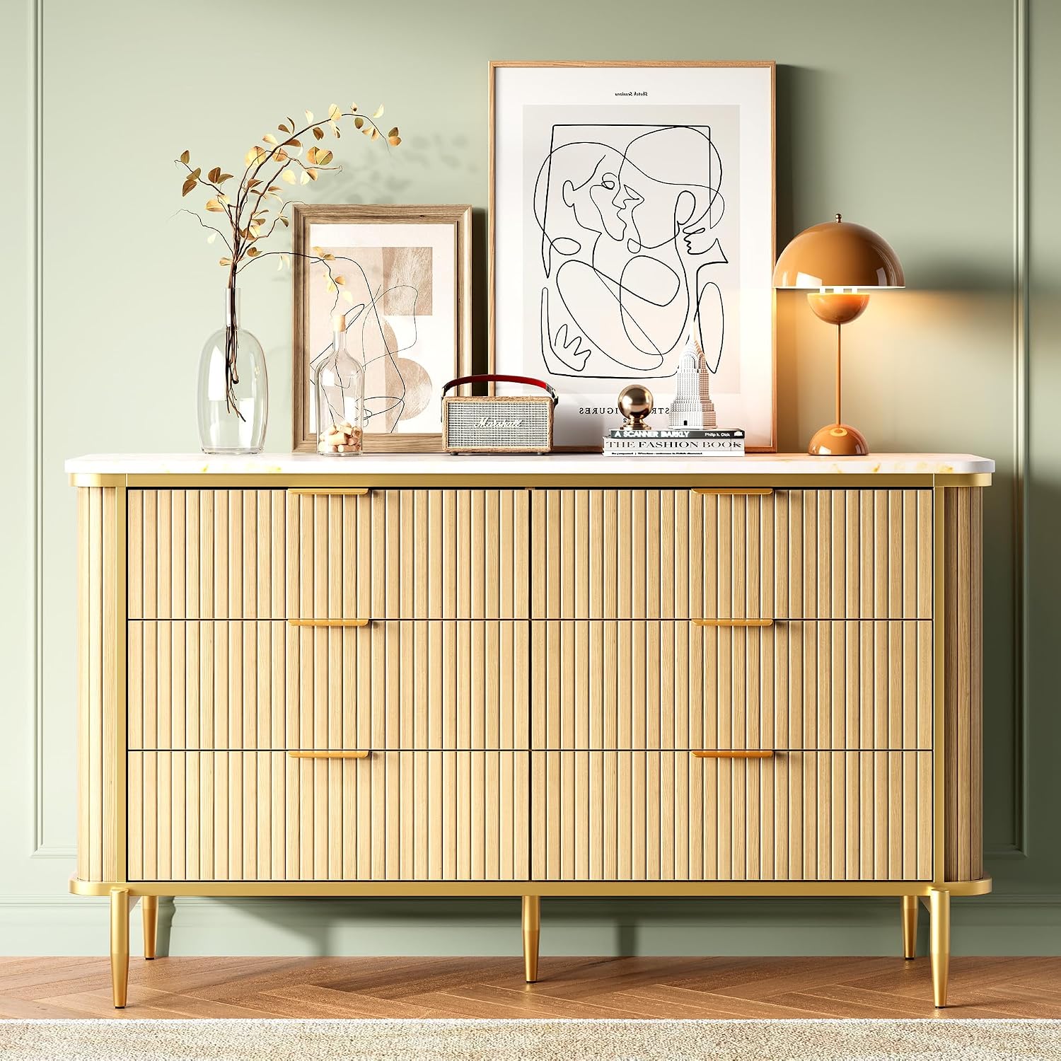 Fluted 6 Drawers Dresser for Bedroom, 55" Wide Modern Vertical Chest with Faux Marble Top, Dresser TV Stand, Wood Drawer Organizer for Living Room, Hallway