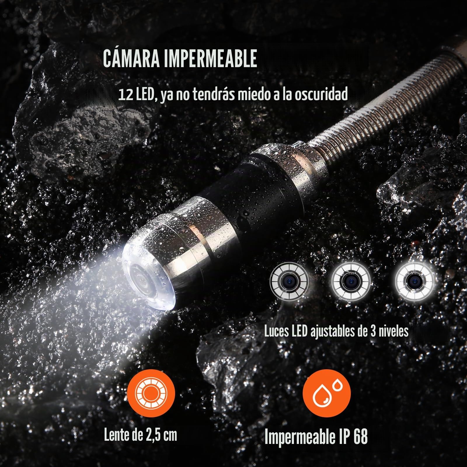 VEVOR Cámara de Inspección de Drenaje con 512 Hz Localizador Endoscopio Drenaje 30m Pantalla 7" IP68 Impermeable Grabadora DVR 12 LEDs Ajustables 16 GB Tarjeta SD para Tuberías de Alcantarillado Hogar