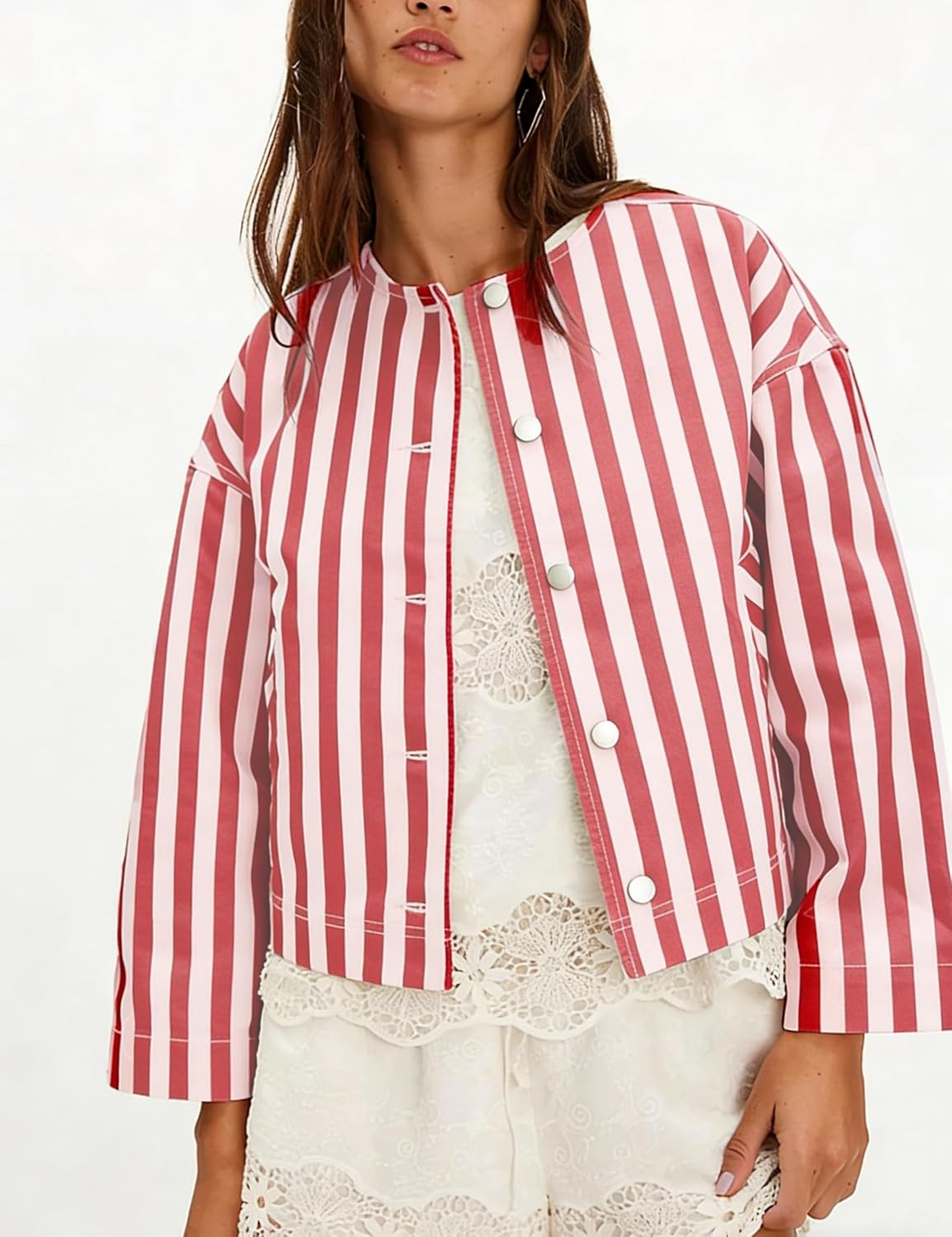 Women's Cropped Striped Jackets Crewneck Button Down Oversized Coats Outerwear with Pockets