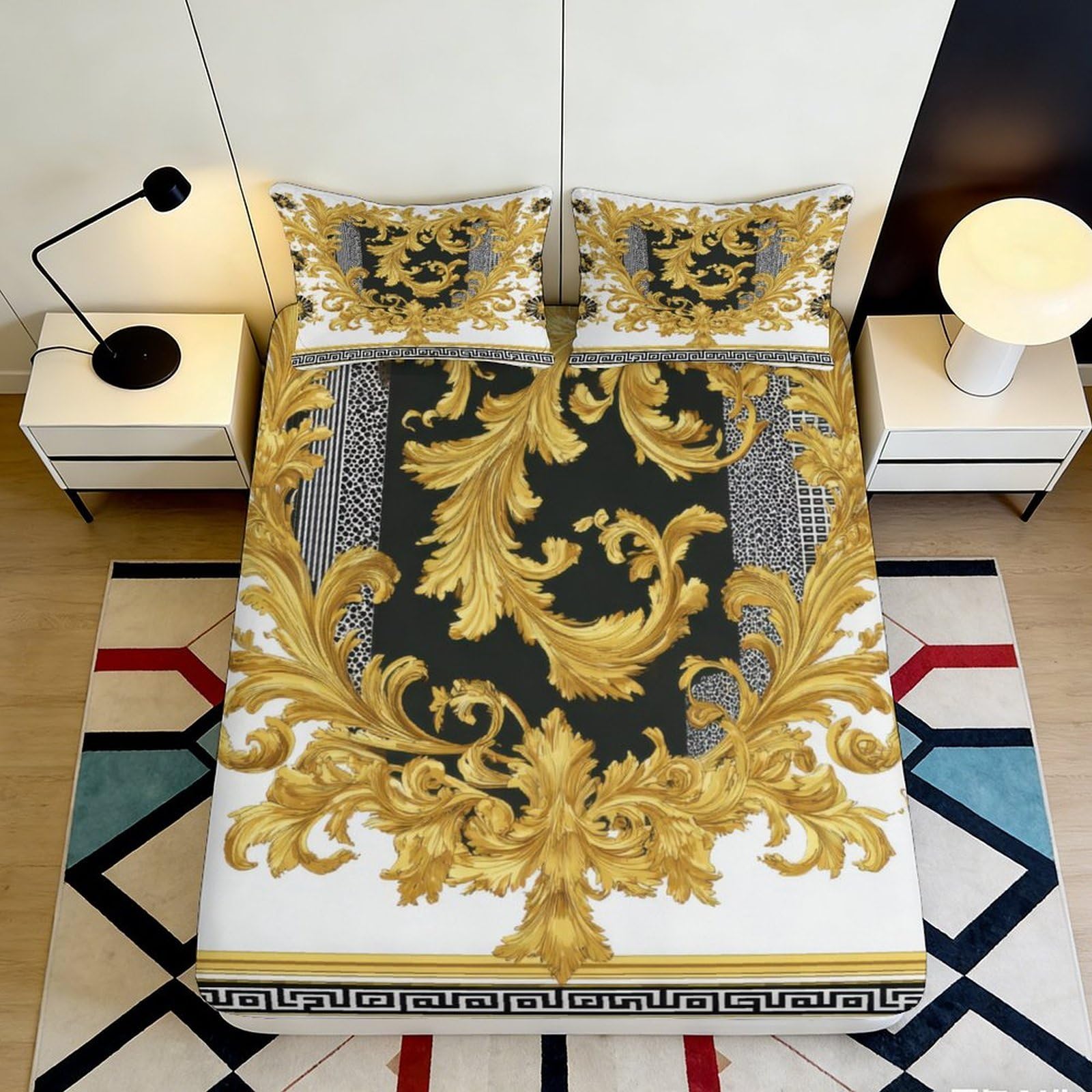 3D Printed Baroque Gold Leaf Fitted Sheet Microfiber Soft Non-Slip Black Ornate Mattress Cover for Bedroom Guest Room 160x200x25cm