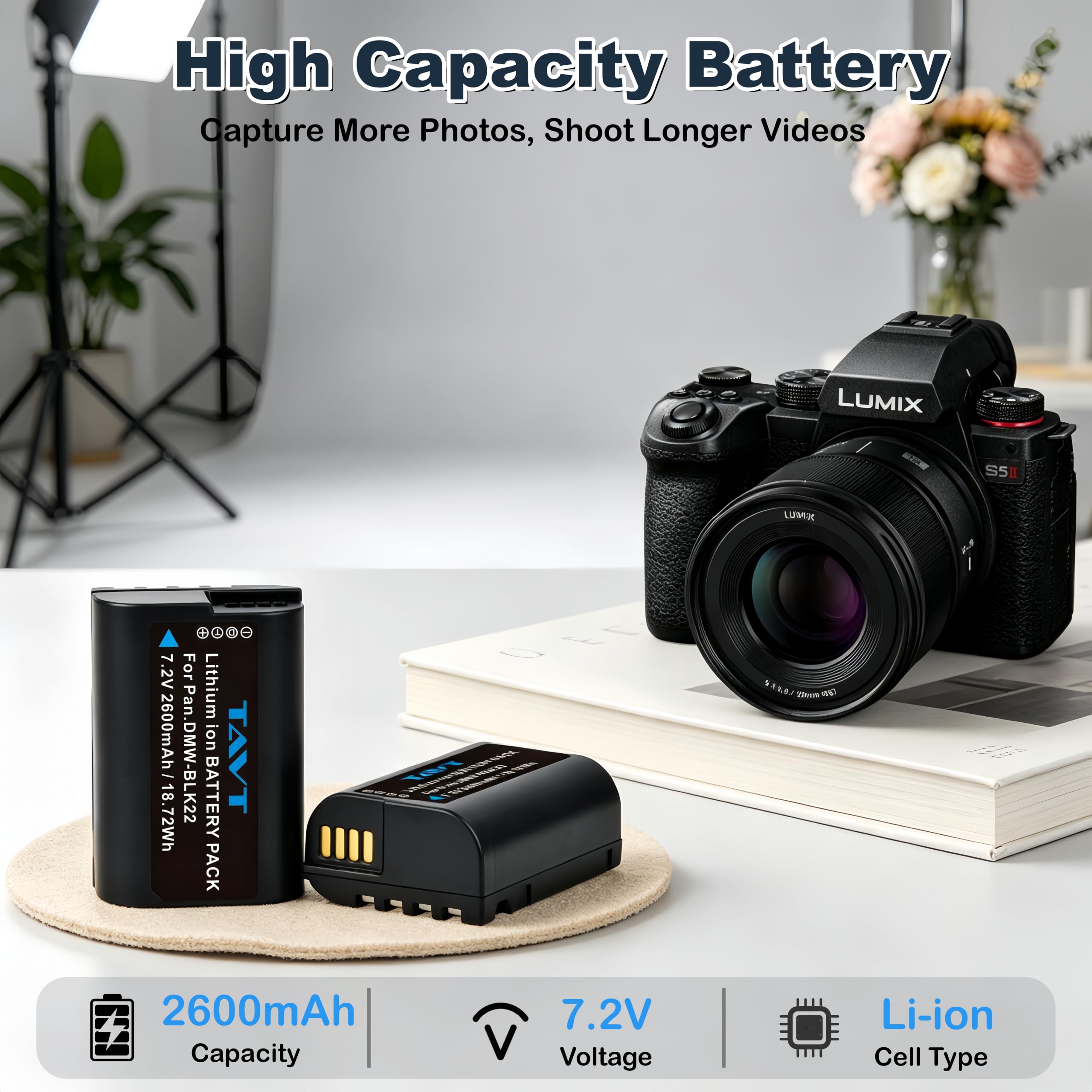 Panasonic Lumix DMW-BLK22 Batterie 2600mAh Chargeur pour DC-S5, S5 II, S5 IIX, S9, GH6, G9, DC-G9 II, GH5 II