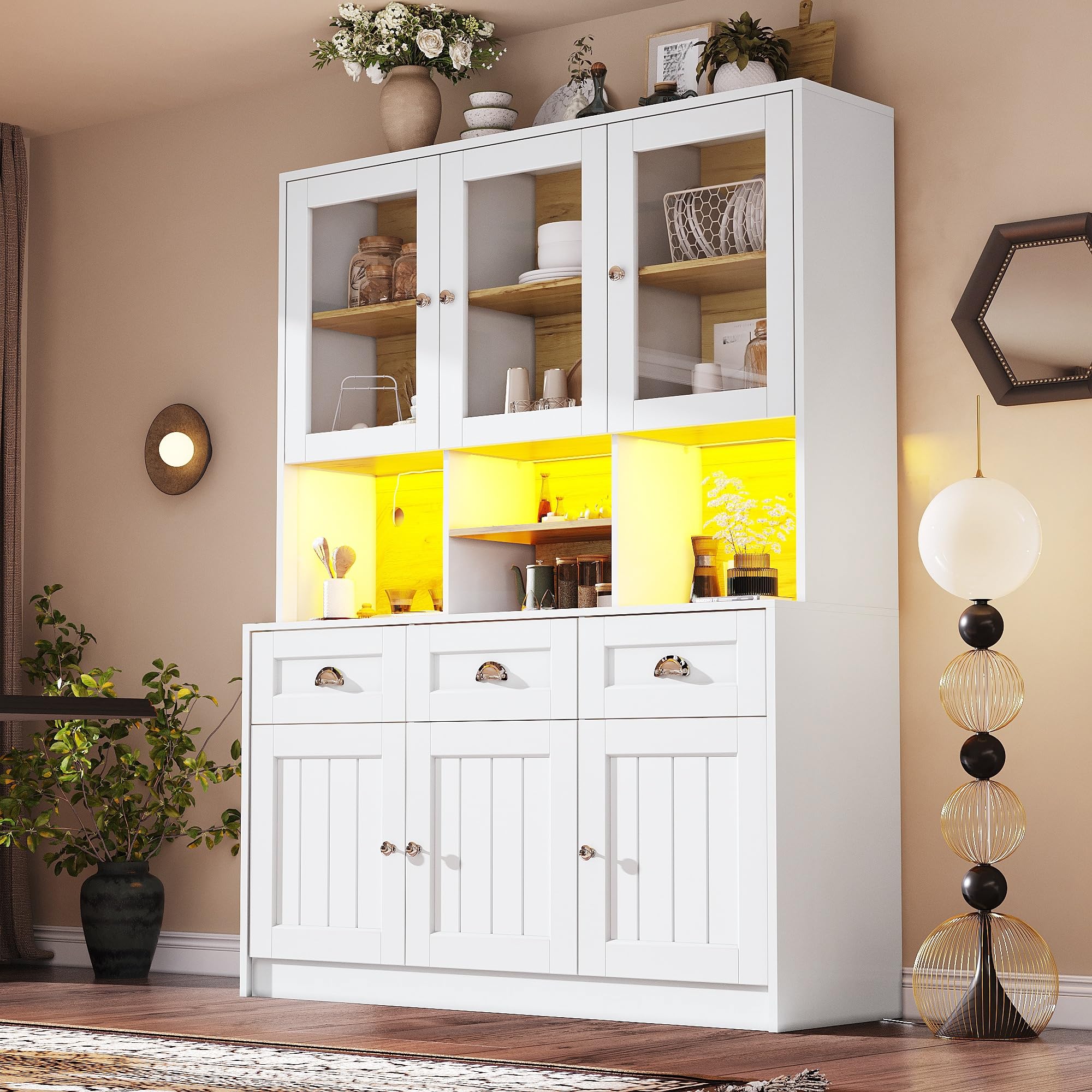 LAKFEW Armario Cocina con Iluminación LED y Dispositivo Antivuelco, Alacena de Cocina con 6 Puertas y 3 Cajones, Aparador, Armario Despensa Cocina con Estante Ajustable, 140x40x175 cm, Blanco