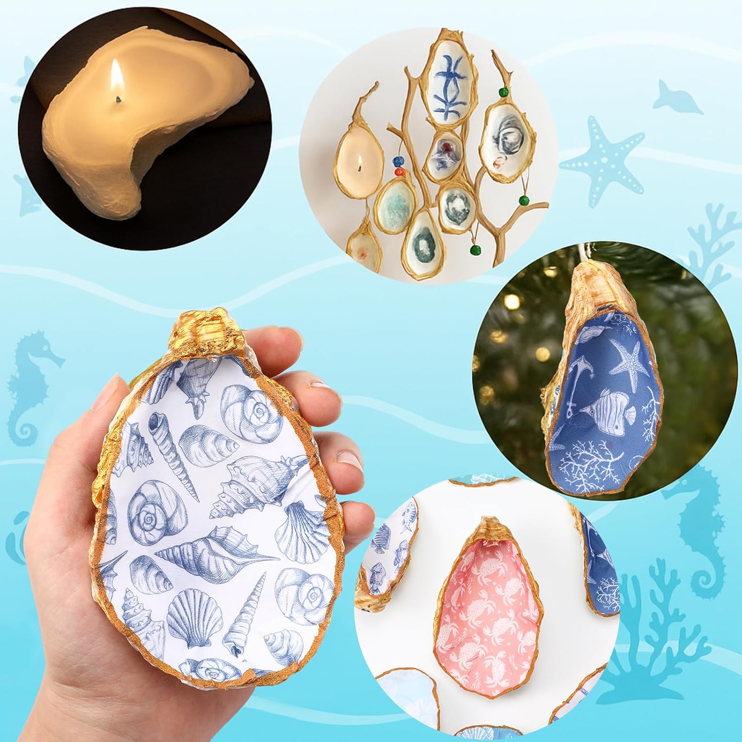 ForraFun 12 Set Oyster Shells Bulk for Crafts DIY -4''-5'' Ocean Pattern DIY Natural Oyster Shell Craft Kits with Decoupage Paper Napkin Paint Strips Brushes for Painting Beach Themes Wedding