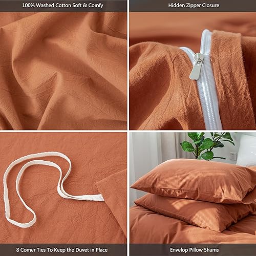 Miniatura 6 de MooMee - Juego de funda de edredón, 100% algodón lavado, textura parecida al lino, transpirable, duradero, suave y cómodo (marrón óxido, individual)