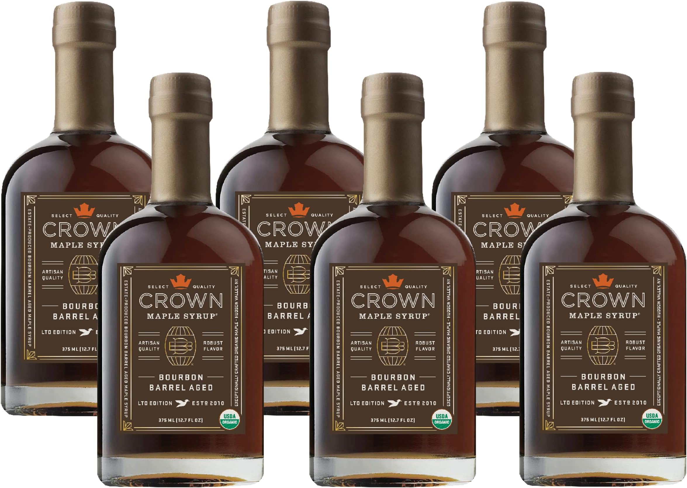 Crown Maple Certified Organic Bourbon Barrel Aged Maple Syrup, Pure, Gluten Free, No Preservatives, Non-GMO Pairs well with Pancakes, Coffee, Cocktails & Brunch, 12.7 Fl Oz (Pack of 6)