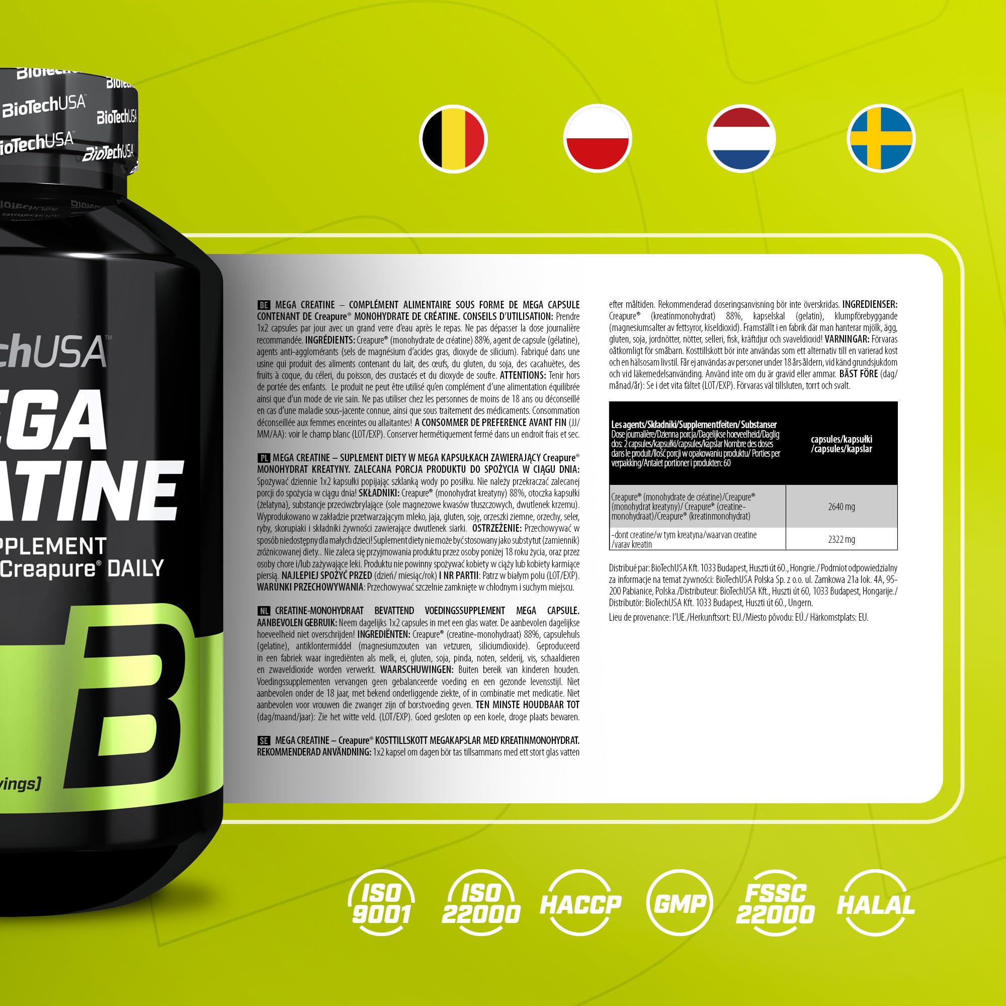BioTechUSA Mega Creatine | Creapure® Monohydrat kreatyny | Kapsułki o wysokiej absorpcji | Bez laktozy i glutenu | 60-dniowa dawka | Idealny dla sportowców i aktywnych dorosłych | 120 mega kapsułek