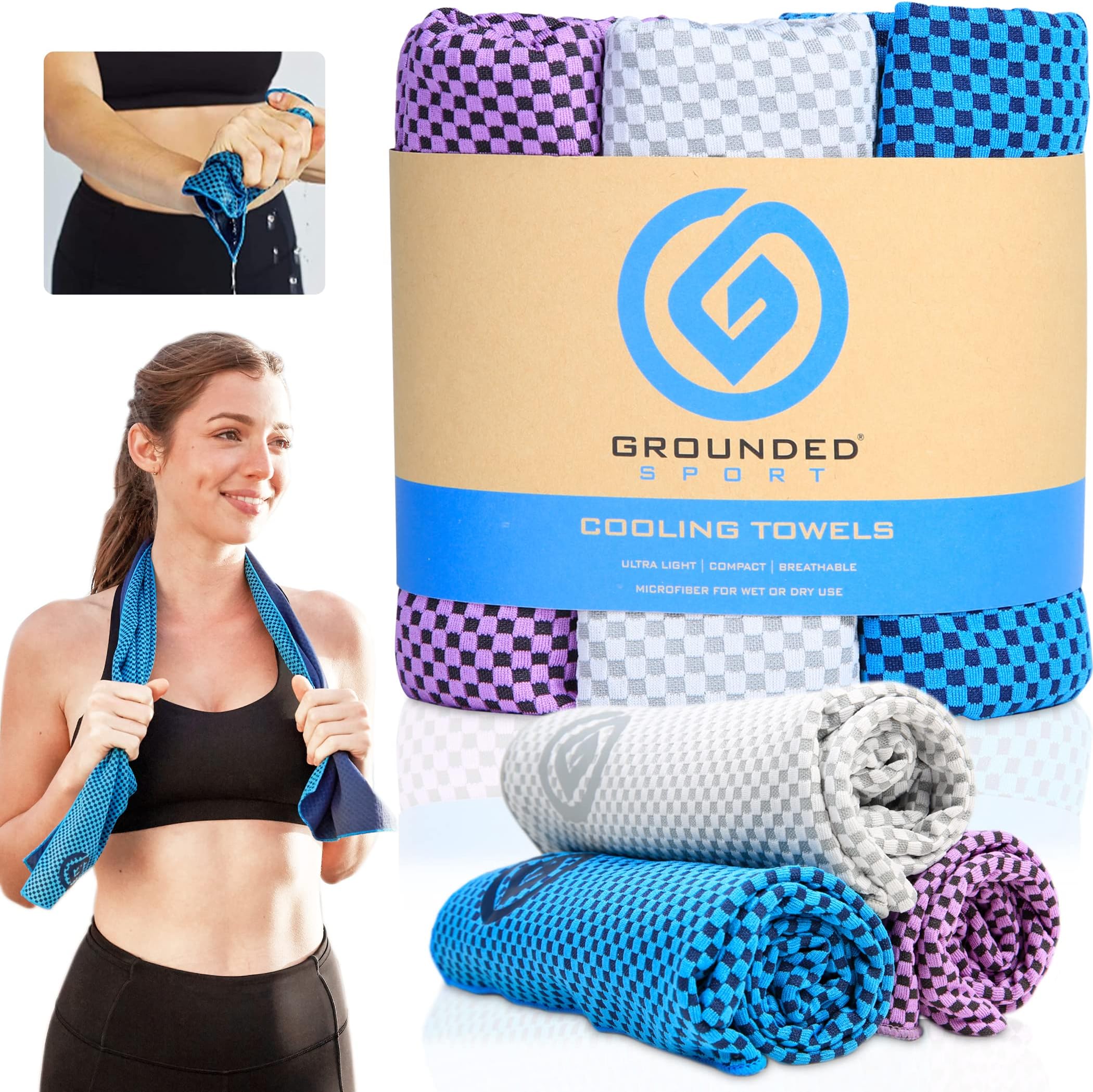Lightweight Microfiber Cooling Towel 3-Pack | 12" x 39" | for Exercise Spin Workout Camping Work Travel Hot Weather Women Men Neck Face | San Diego CA | Stay Grounded