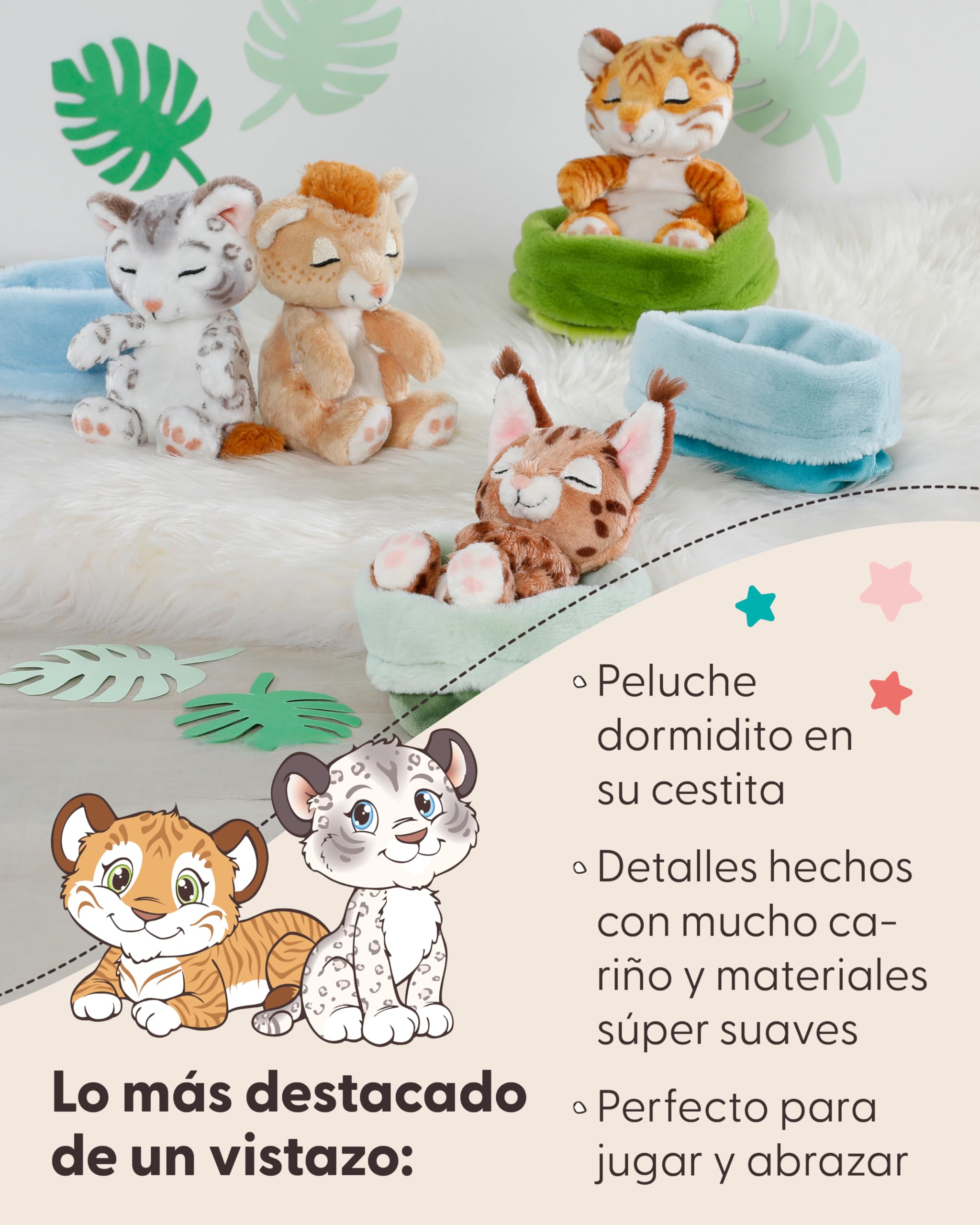 NICI Peluche caracal 12 cm durmiendo en una cestita, marrón, Peluches Decorativos, Juegos para niños, Ideas para Regalar - 62874
