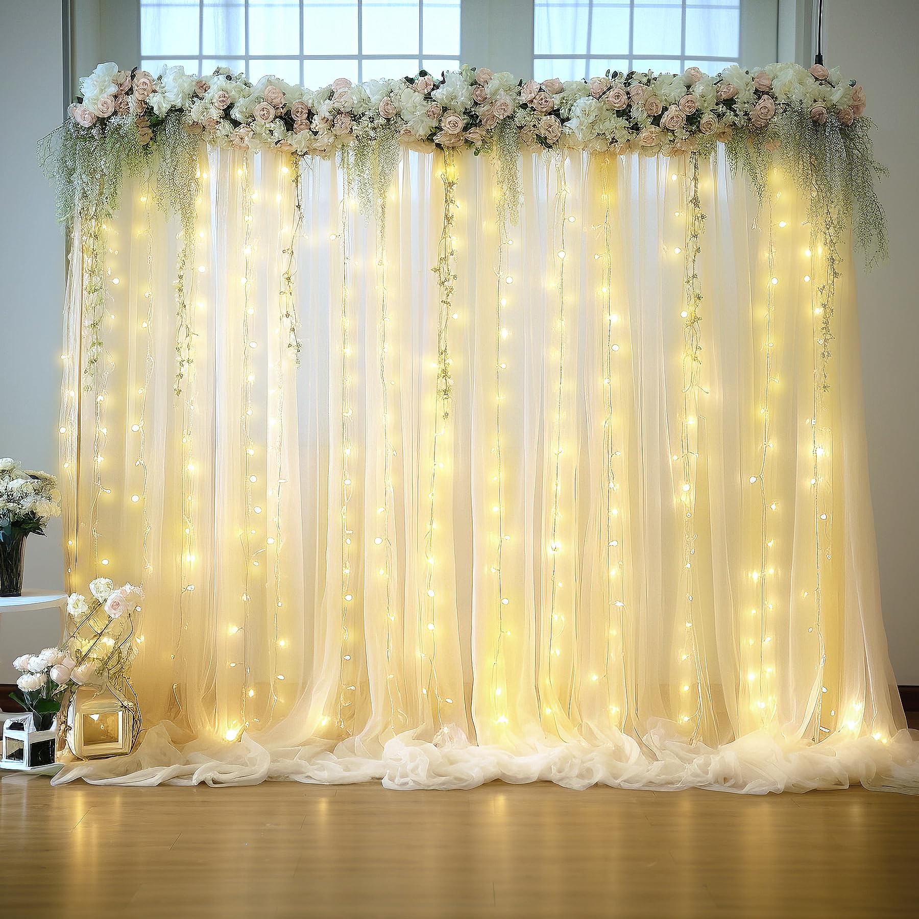 10ft x 10ft Champagne Sheer Tulle Backdrop Curtains with Lights String for Party Wedding Wrinkle Free Curtain Backdrops Drape for Baby Shower Birthday