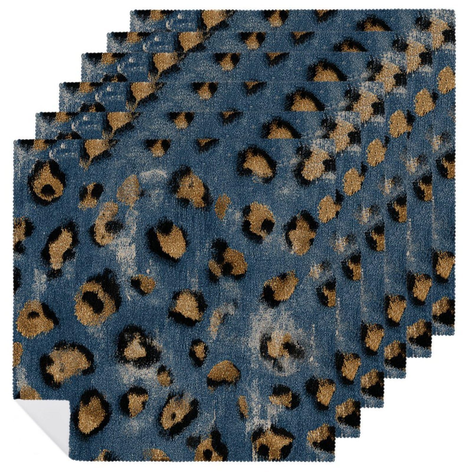 Leopard Spot Print on Distressed Denim Cloth Napkins Set of 6, Square Premium Reusable Washable Polyester Table Linen Napkin for Dinner Party