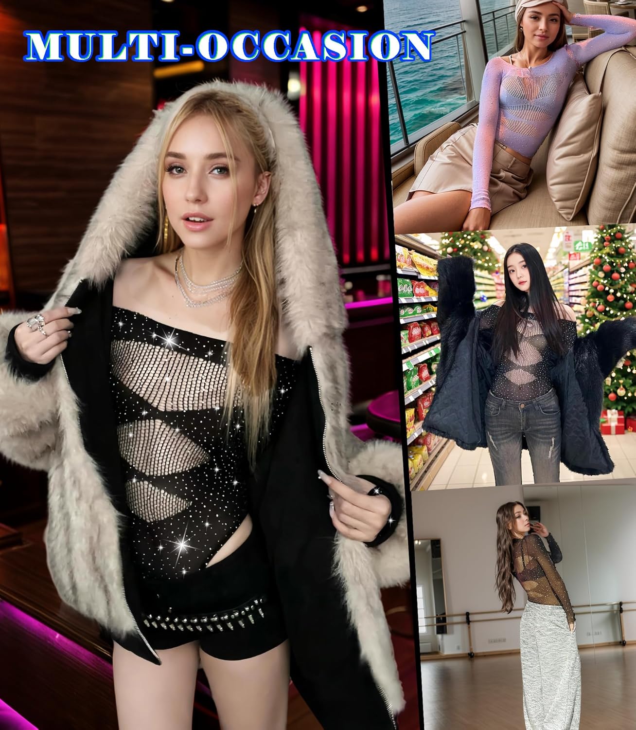 Sparkly Rave Outfits for Women, Sexy Hollow See Through Mesh Fishnet Long Sleeve Rhinestone Bodysuit Tops - Image 4