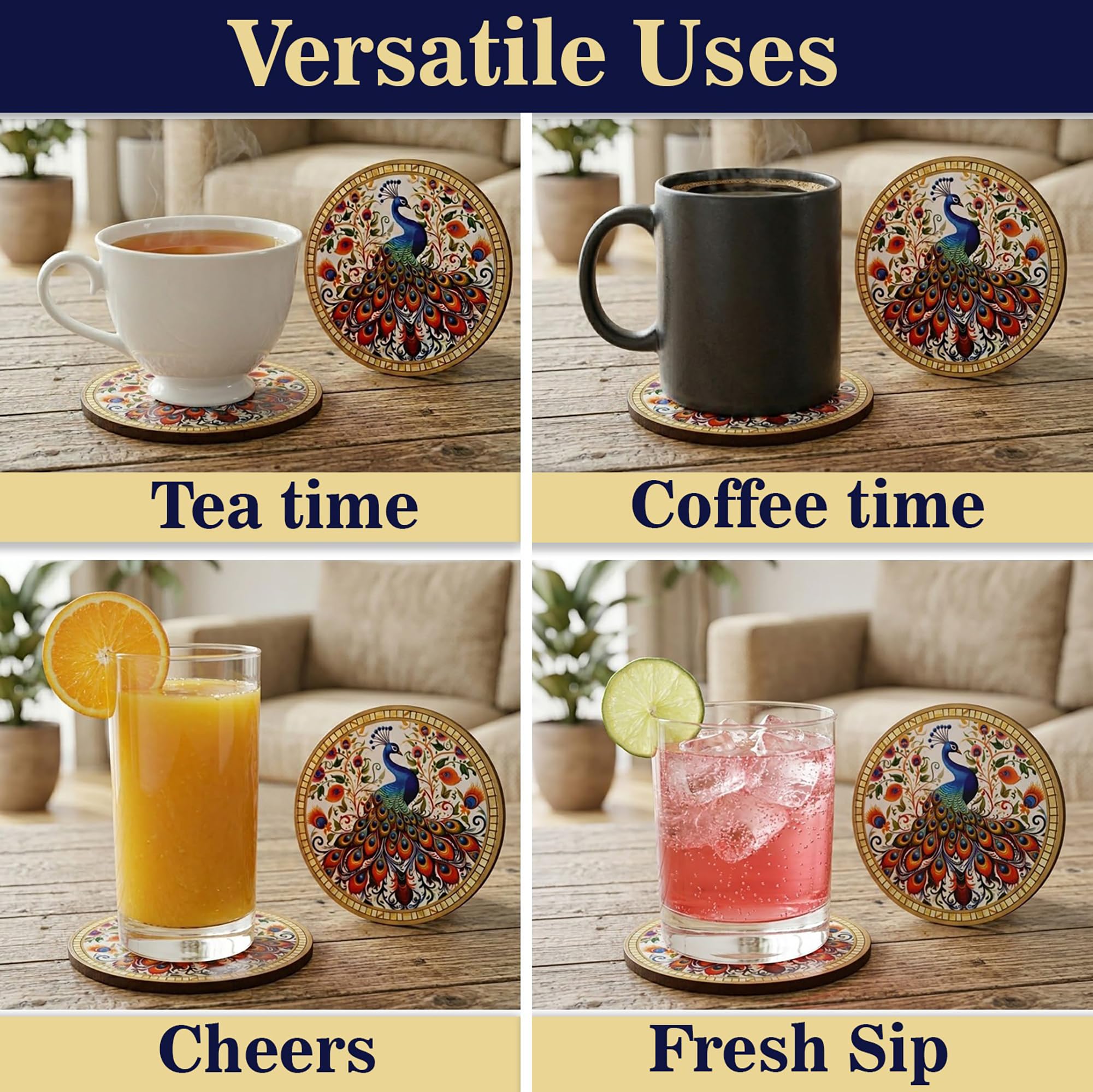Royal Peacock Coasters - Mandala Art Table Protection -7