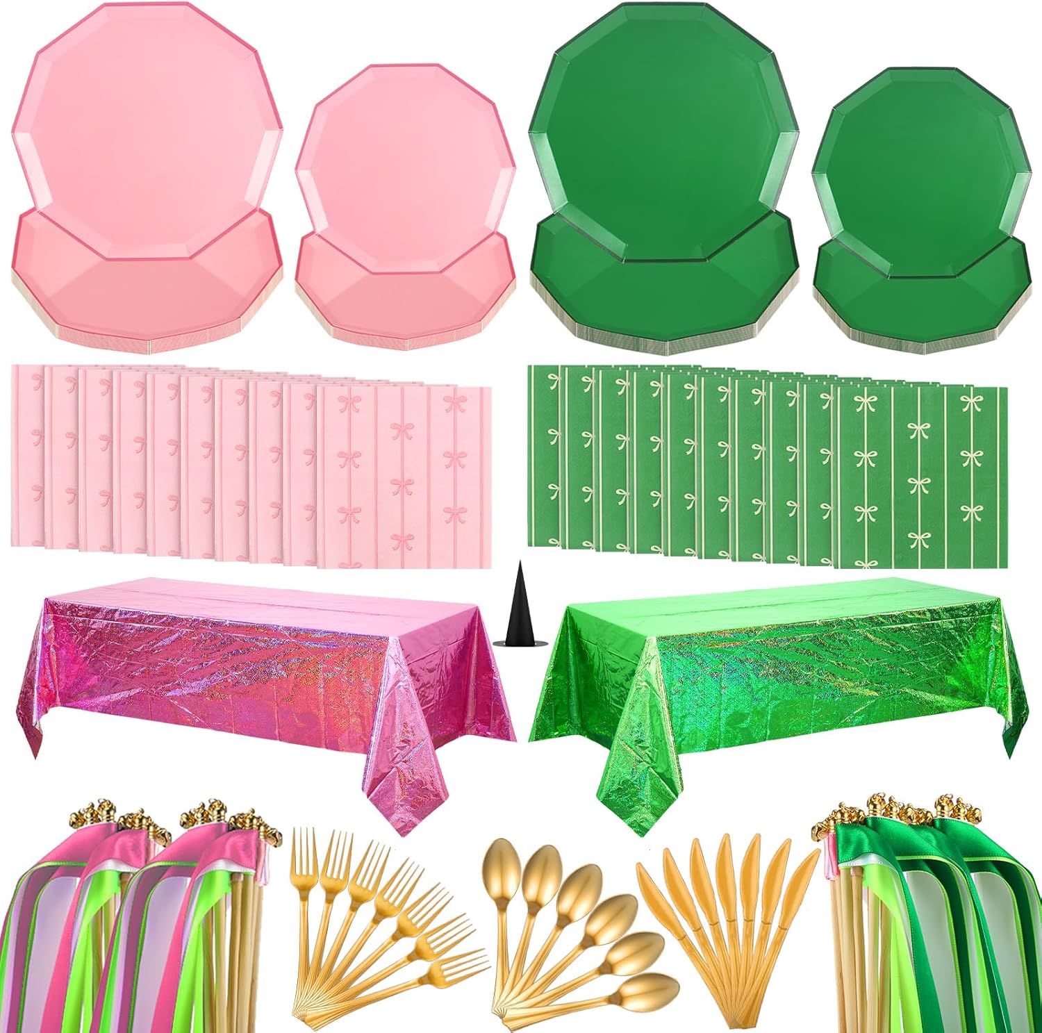 Yungyan 386 Pcs Pink and Green Party Decorations Witch Birthday Party Favors Including Tablecloths Plates Napkins Metal Knives Forks Spoons for Birthday Favors Women Girl Serve 24 Guests