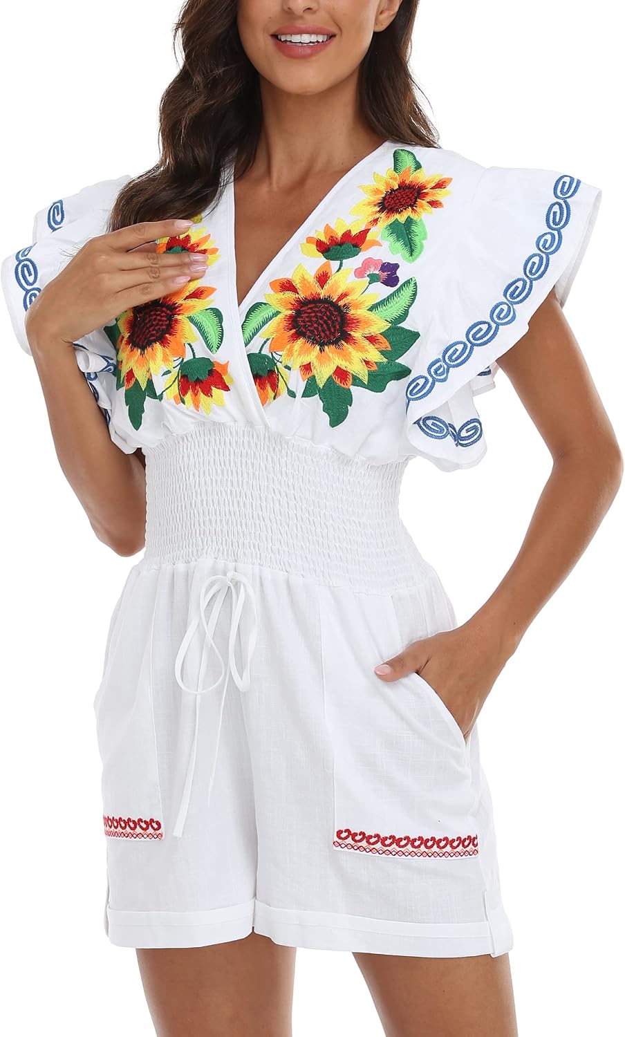 YZXDORWJ Women's Mexican Short Romper Typical Embroidered Floral V Neck Butterfly Sleeve Jumpsuit