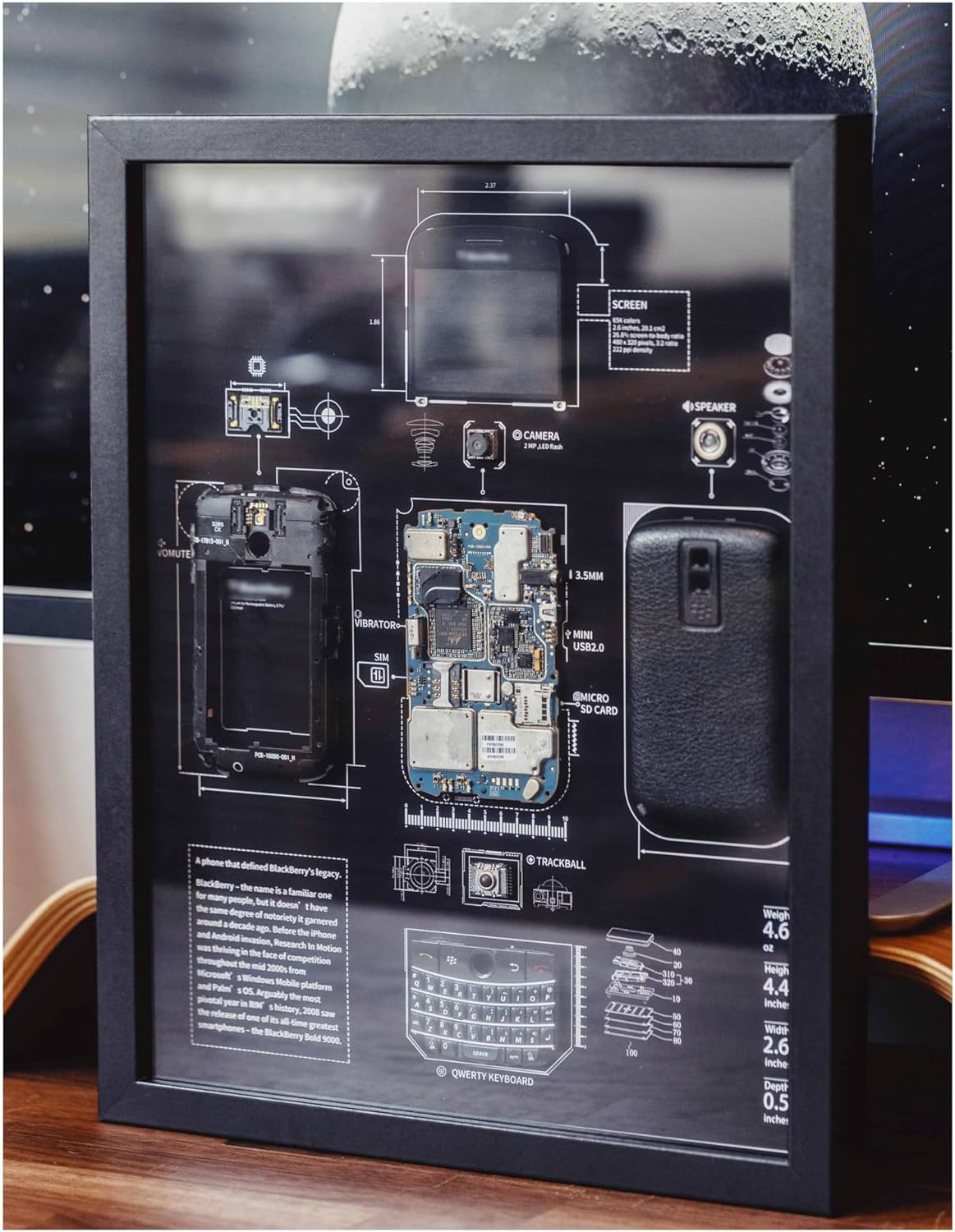 Disassembled Black berry Bold 9000 Frame Art, Disassemble Art, Framed Phone, Black berry 9000 Teardown, Cool Wall Art