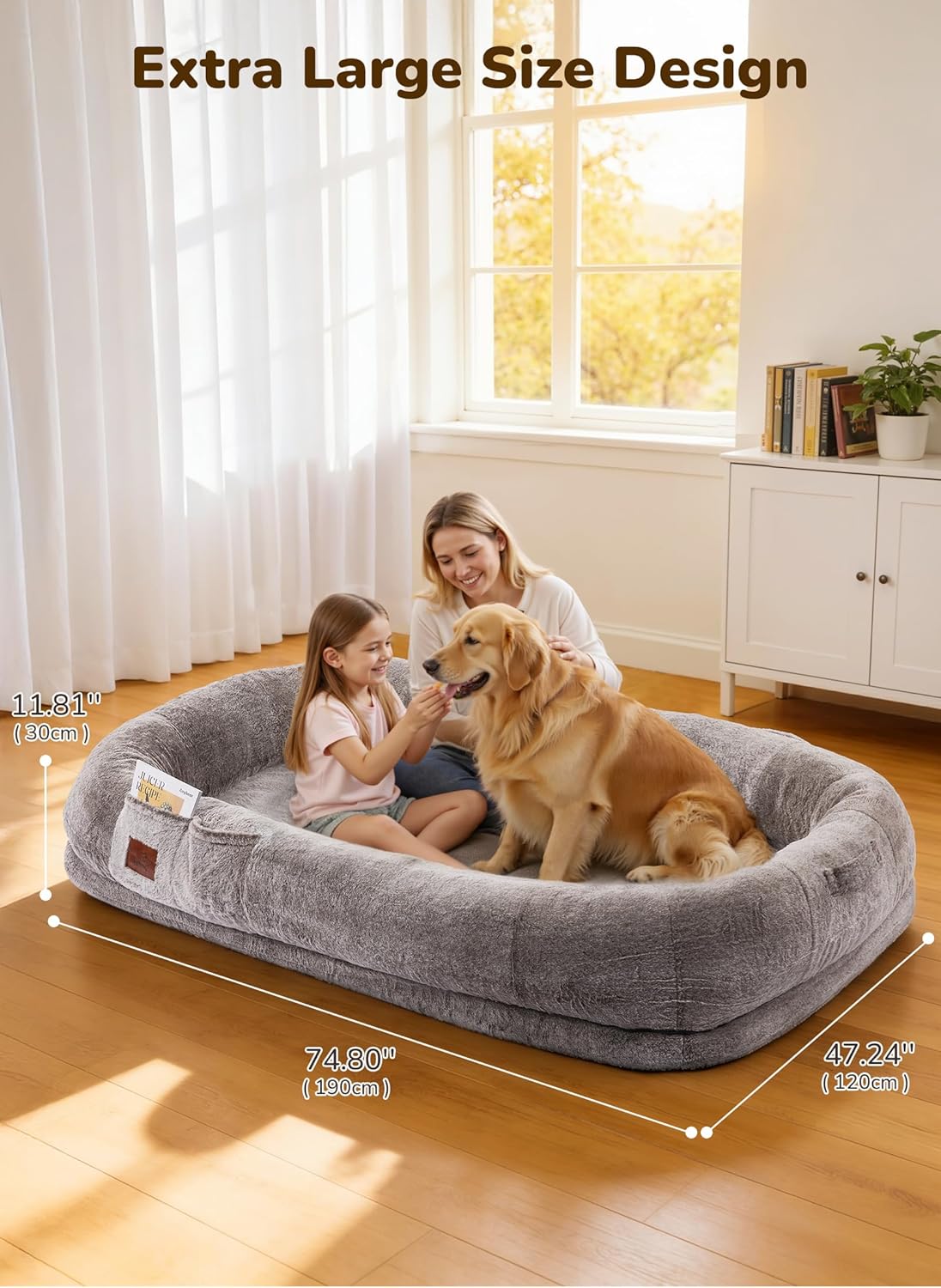 Human Dog Bed 75"x47"x12" Extra Large Calming Giant Bed for Adults & Pets, Dual-Sided All-Season Design with Waterproof Washable Cover & Sponge, Grey