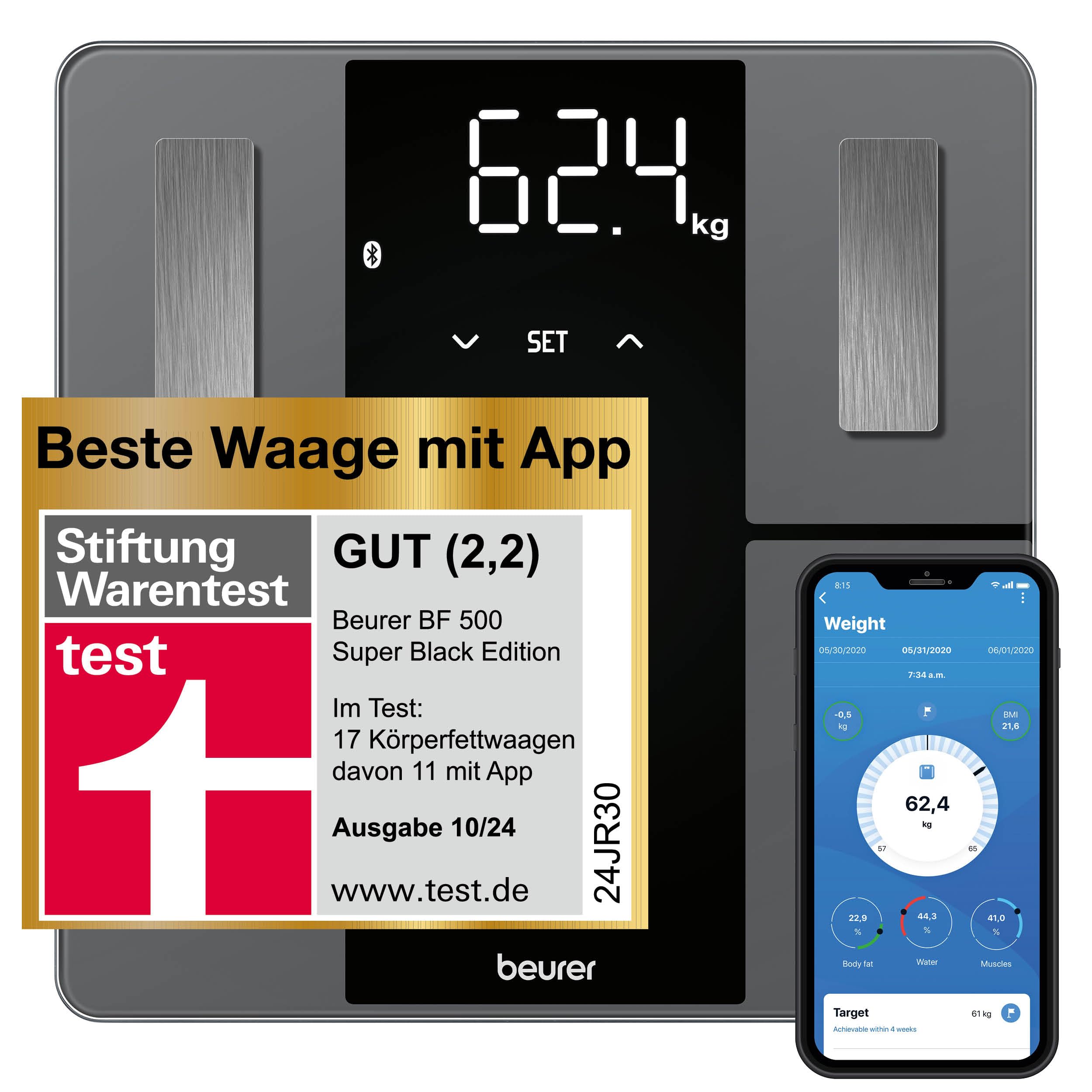 Beurer BF 500 Personenwaage mit Bluetooth & App, digitale Körperfettwaage mit Messung von Körperfett, Muskelanteil, Kalorienbedarf etc., XL-Display, Datenübertragung zu Apple Health & co., bis 180 kg