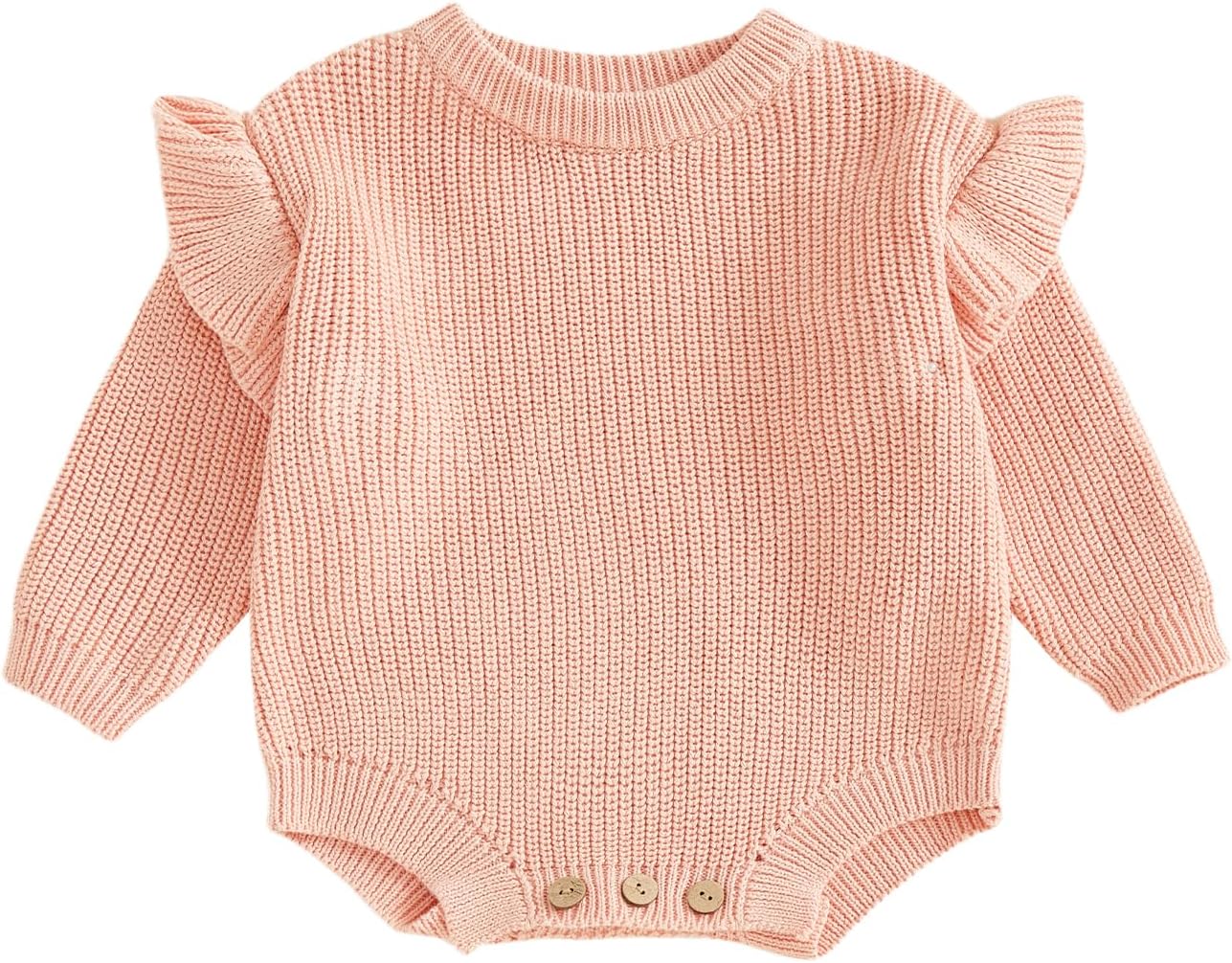 Baby Girl Sweater Bubble Romper Ruffle Long Sleeve Chunky Knit Solid Bodysuit Cute Newborn Infant Fall Winter Clothes