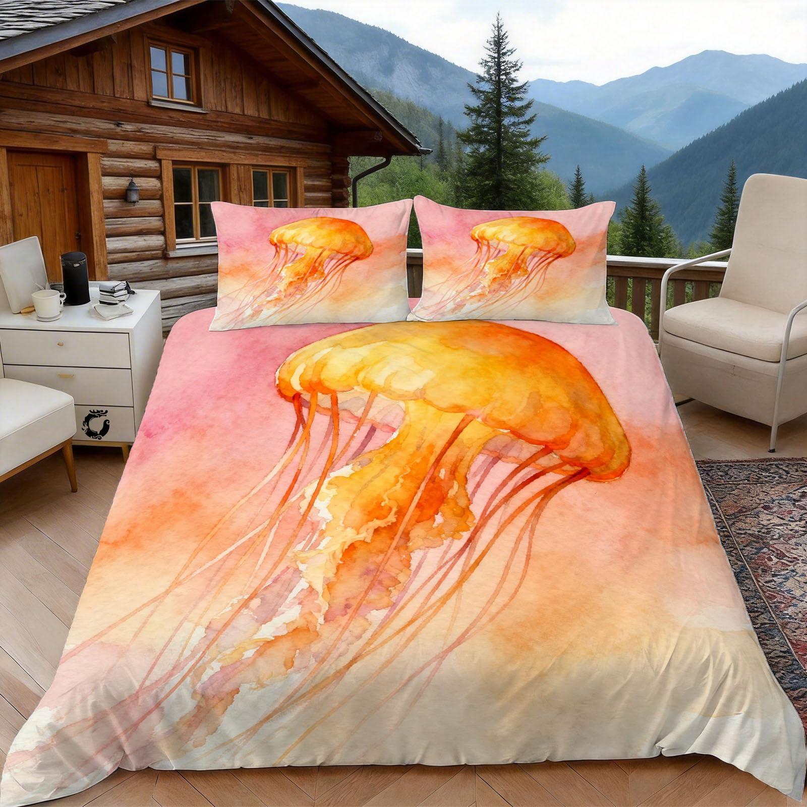 Housse de couette méduse 240x260 parure lit la vie marine microfibre