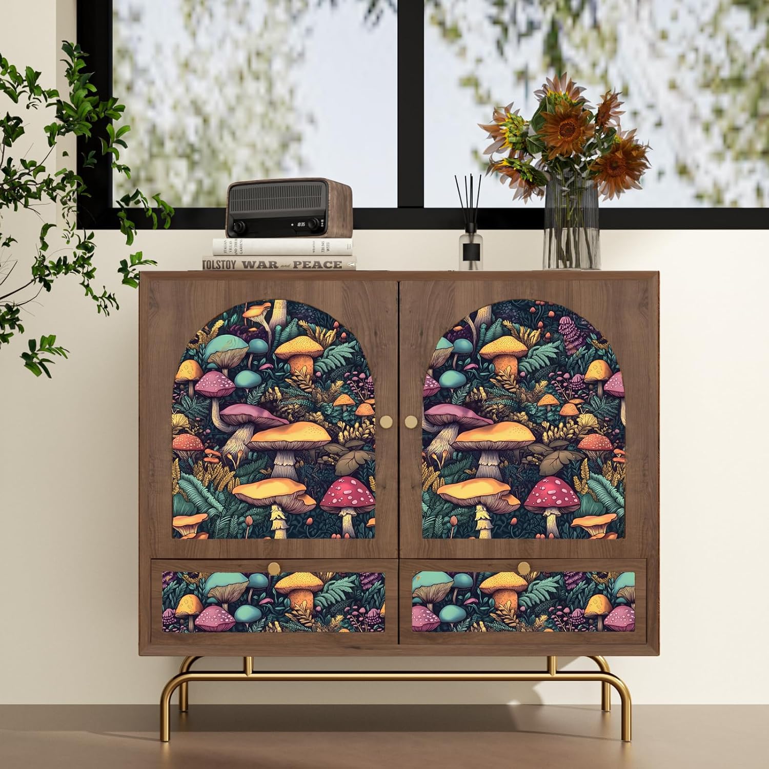 Mushroom Peel and Stick Wallpaper Boho Wallpaper Colorful Tropical Forest Floral Contact Paper 17.5in x 9.8ft Removable Self Adhesive Vinyl Wall Mural Wall Paper for Bedroom Nursery Cabinet Stairs
