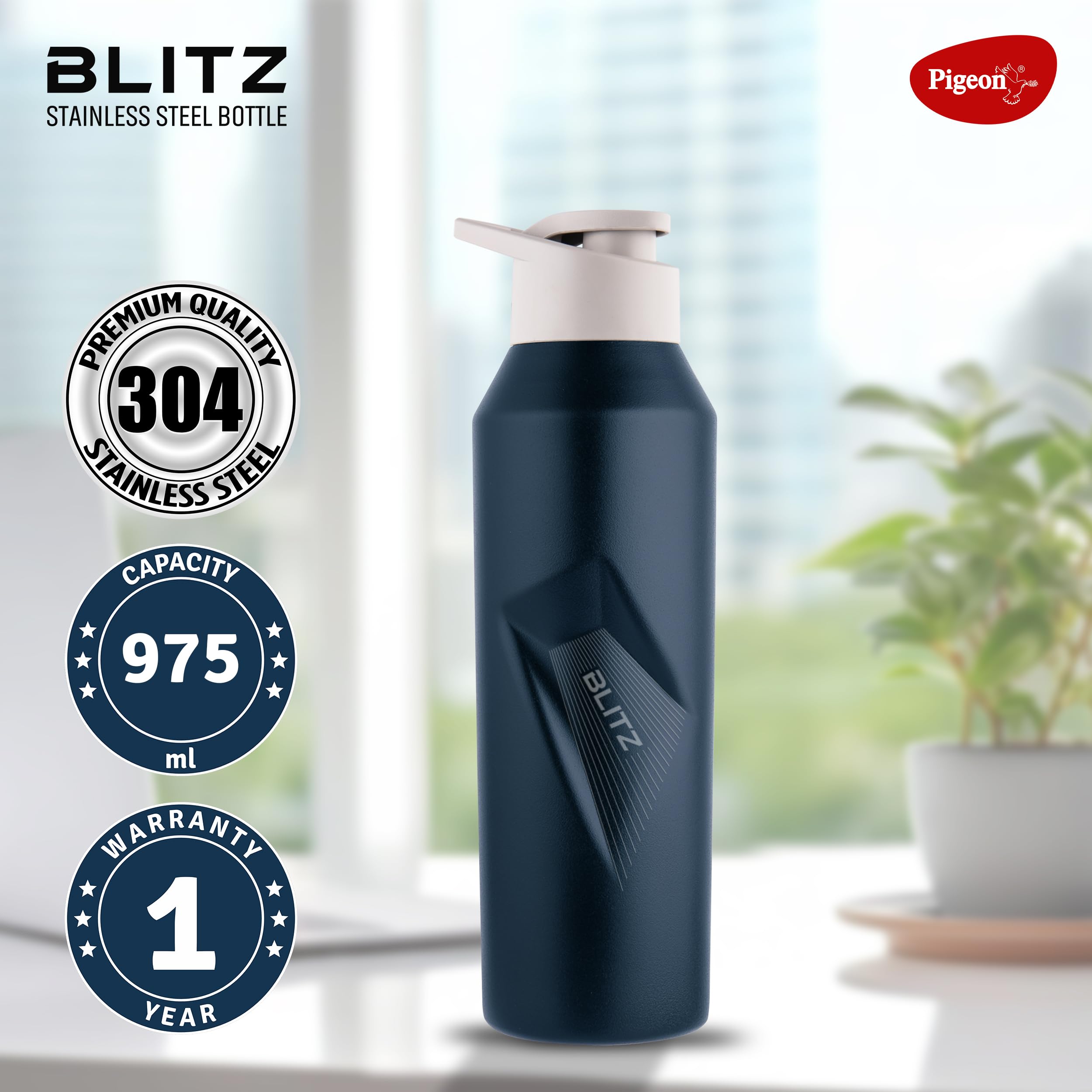 Pigeon Blitz Stainless Steel Water Bottle With Sipper Cap | Eco friendly | BPA Free | Water Bottle for Office, Gym, School, Yoga, Trekking, Adults & Kids| 975 ML, Blue — Amazon image 4