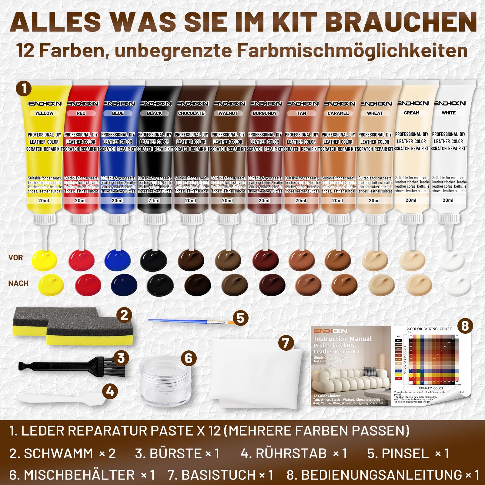 Endhokn Leder Reparatur Set, 12 Farben Ledersofa Reparaturset, Autositze, Jacke, Vinyl Kunstleder Reparaturset Repariert Kratzer Schnitte Risse Löcher Risse Farbe Anpassbar und Einfach zu Bedienen