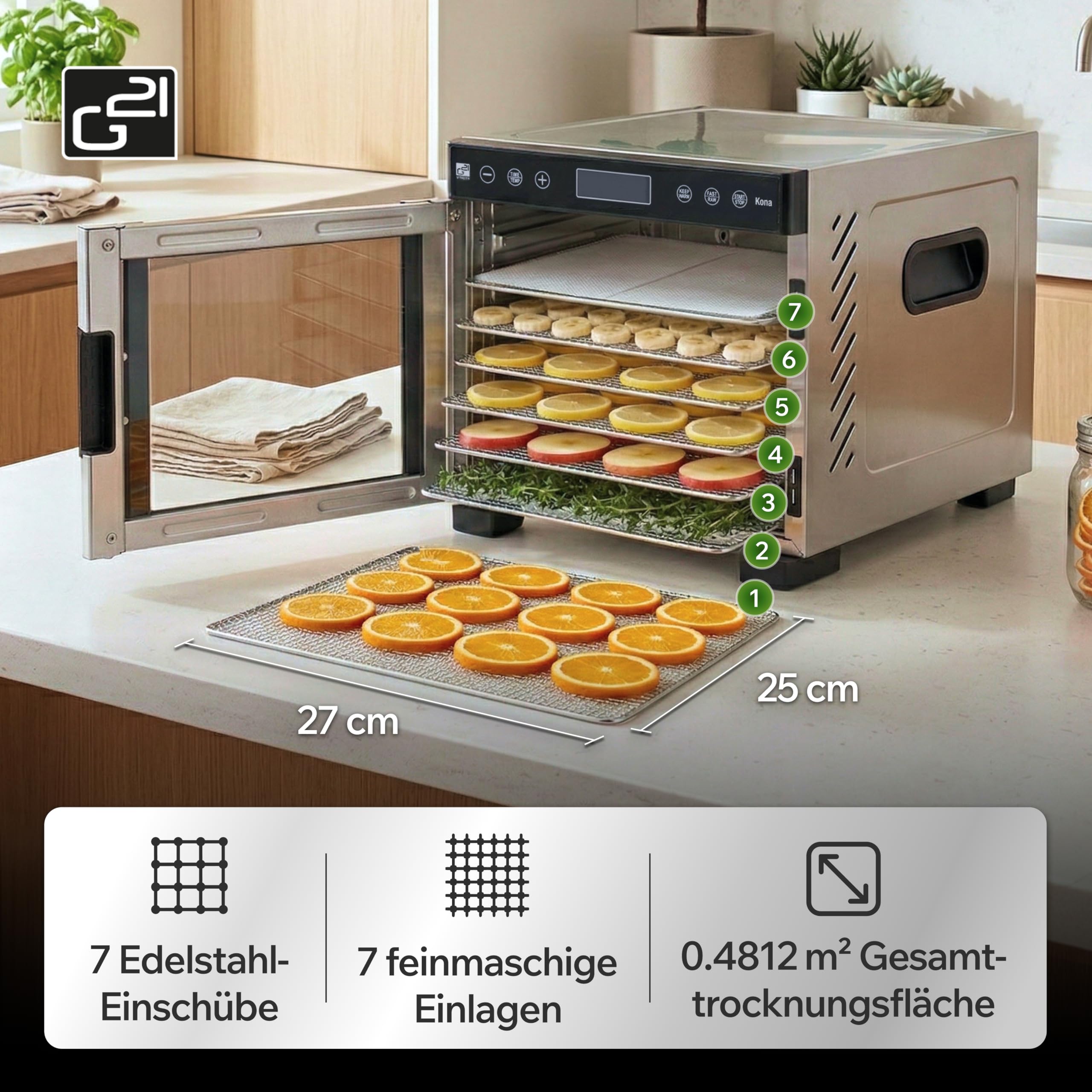 G21 Kona Edelstahl Dörrgerät 7 Ebenen 0,48 m² | 7 Edelstahl-Gitter, 0,48 m² Trockenfläche, 35–75 °C, 48h Timer, 600W
