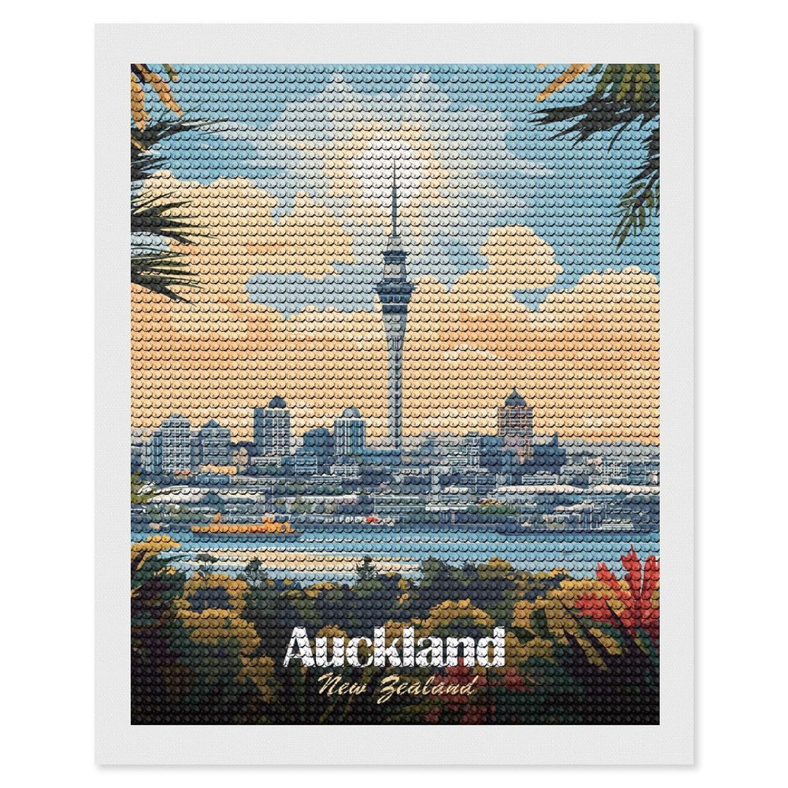 Junmoney Auckland Skyline Round Drill Diamond Painting 16"x20", for Women, Relaxing DIY Hobby, Bedroom Decor, Christmas Gift, Adhesive Canvas