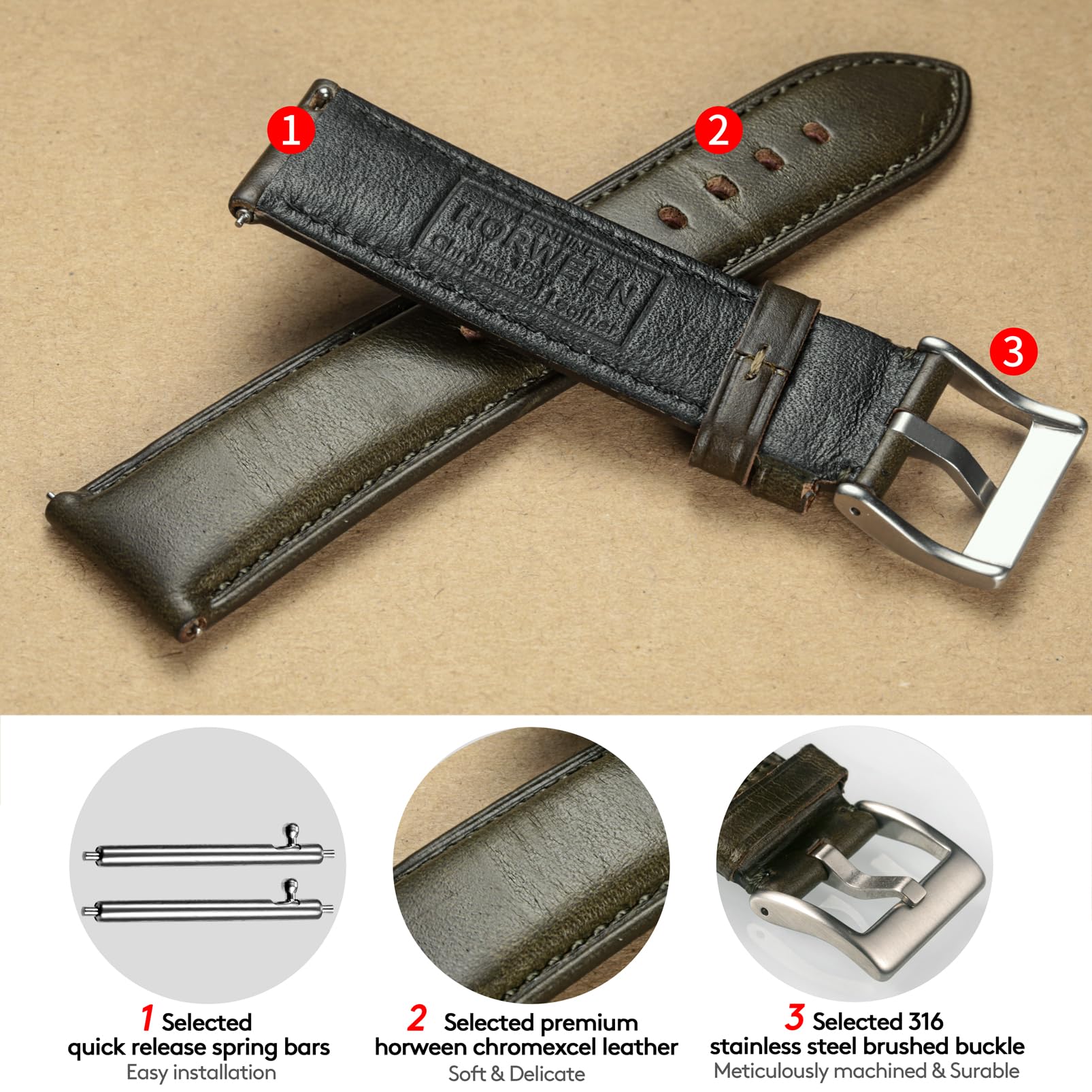 Bracelets de montre en cuir, sangle de montre en cuir Horween pour hommes femmes,18mm,20mm,22mm rapide libération à la main sangle de montre de remplacement Vintage doux