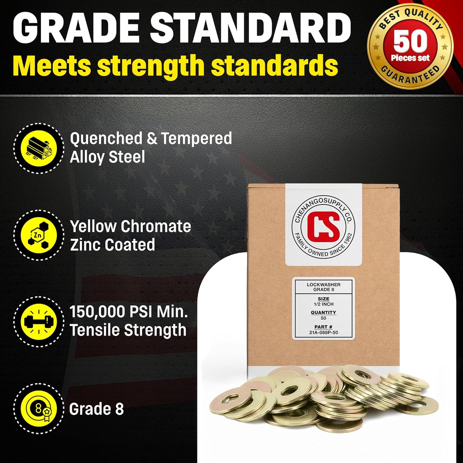 Chenango Supply 1/2 Inch Grade 8 USS Flat Washers – Hardened Alloy Steel, Yellow Zinc Chromate, High-Strength Flat Washers, 50 Pieces (1/2 Flatwasher)
