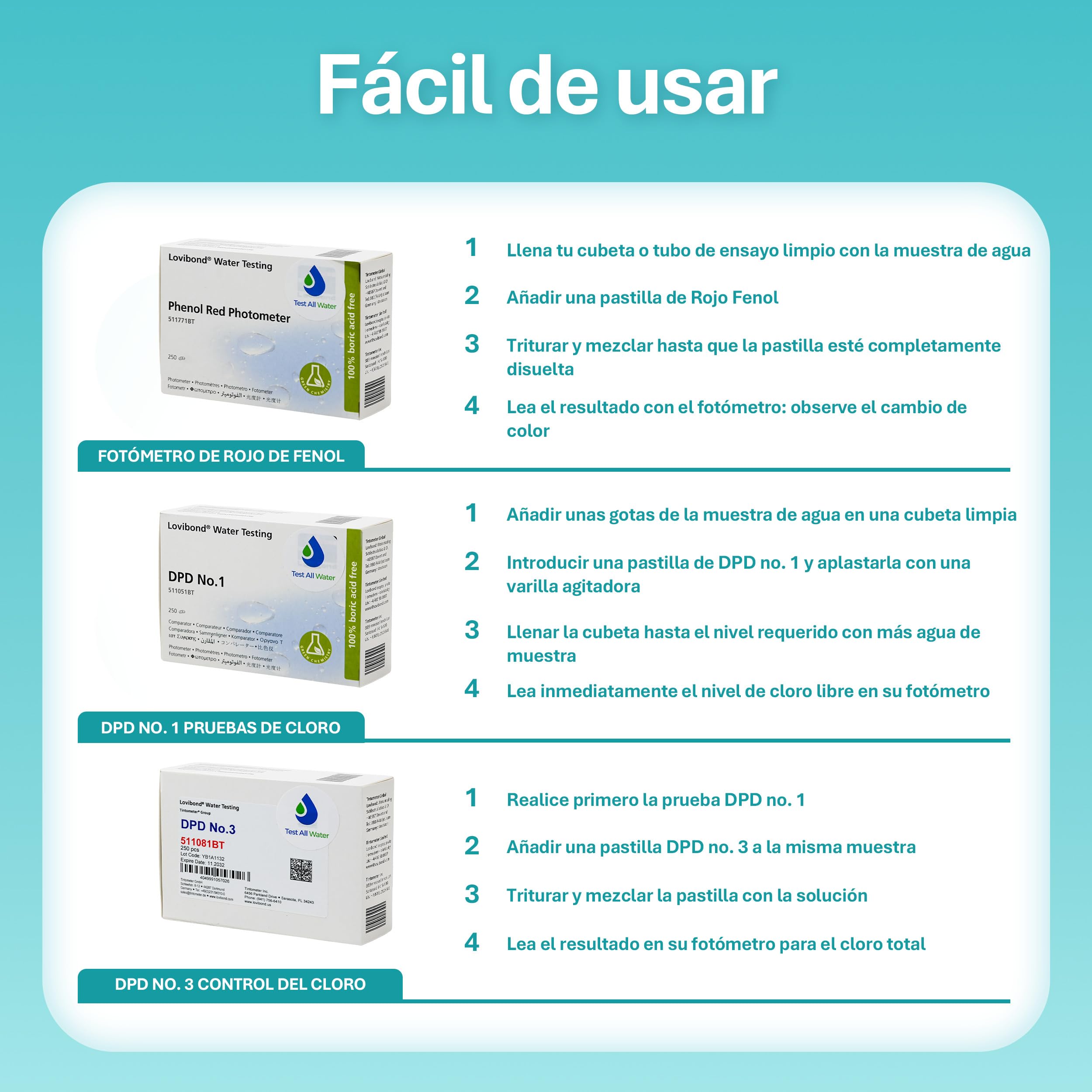 Lovibond DPD No.1, DPD No.3 y pH 250 comprimidos