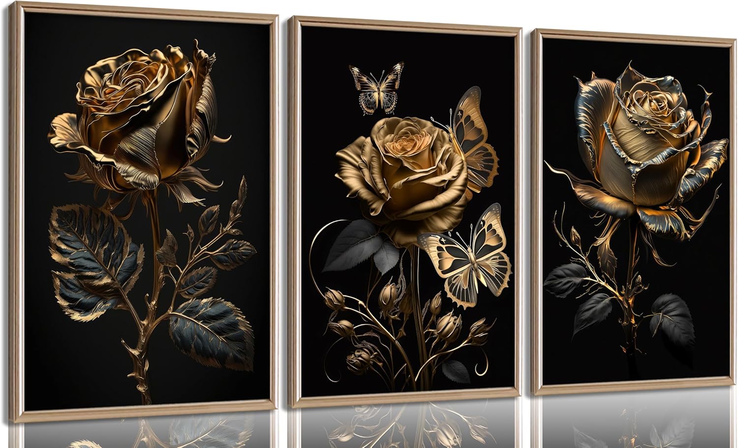 3pcs Black And Gold Rose Wall Art Abstract Plant Flowers Posters Prints Modern Floral Pictures Black Rose And Gold Leaf Canvas Wall Decor for Living Room Bedroom Bathroom Office Decoration Painting