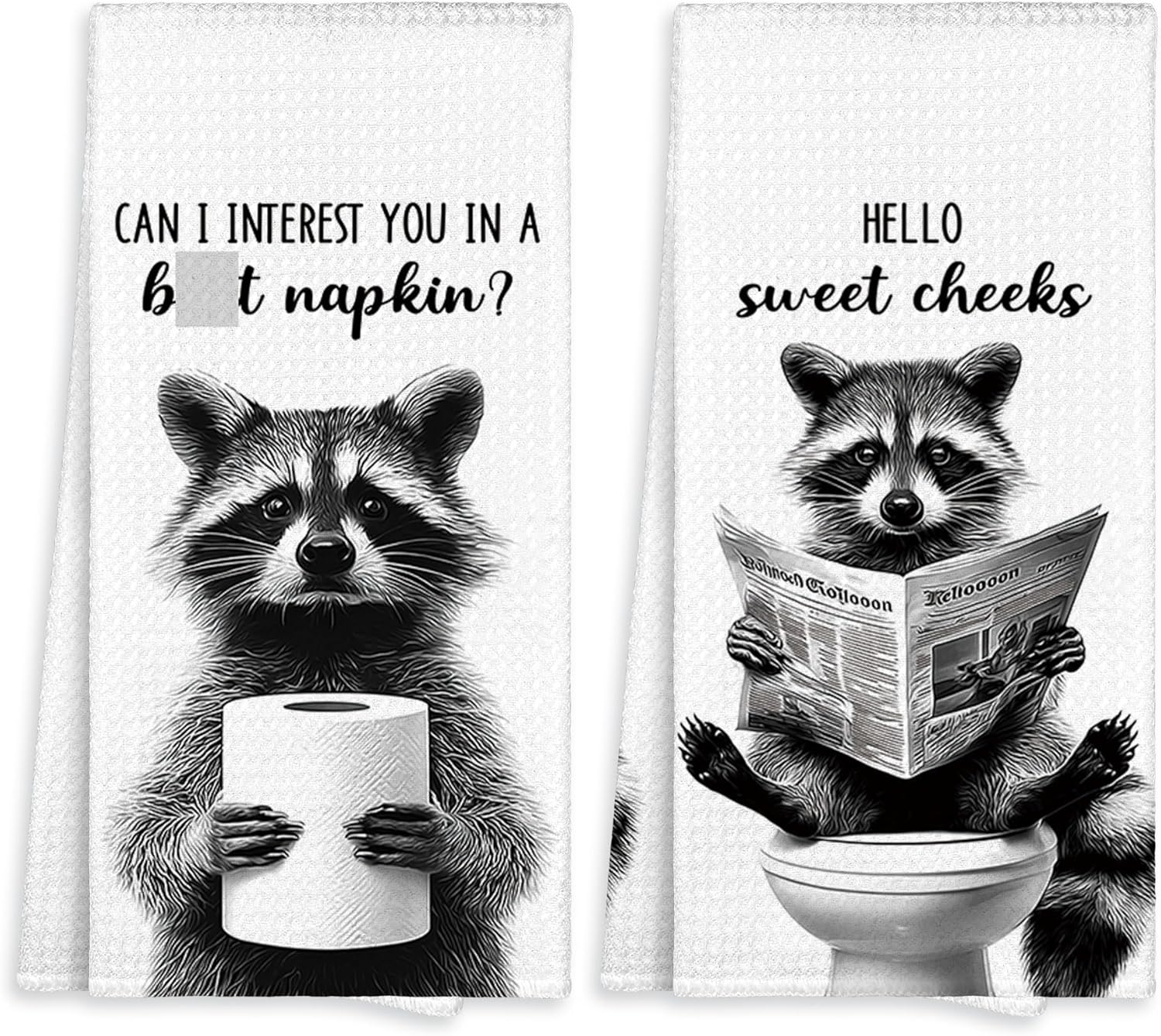 Funny Raccoon Bathroom Towel Gifts Decorative Set of 2, Hello Sweet Cheeks Hand Towel for Bathroom Kitchen Decor, Raccoon Waffle Weave Microfiber Dish Towels Dishcloths Tea Towels 16x24