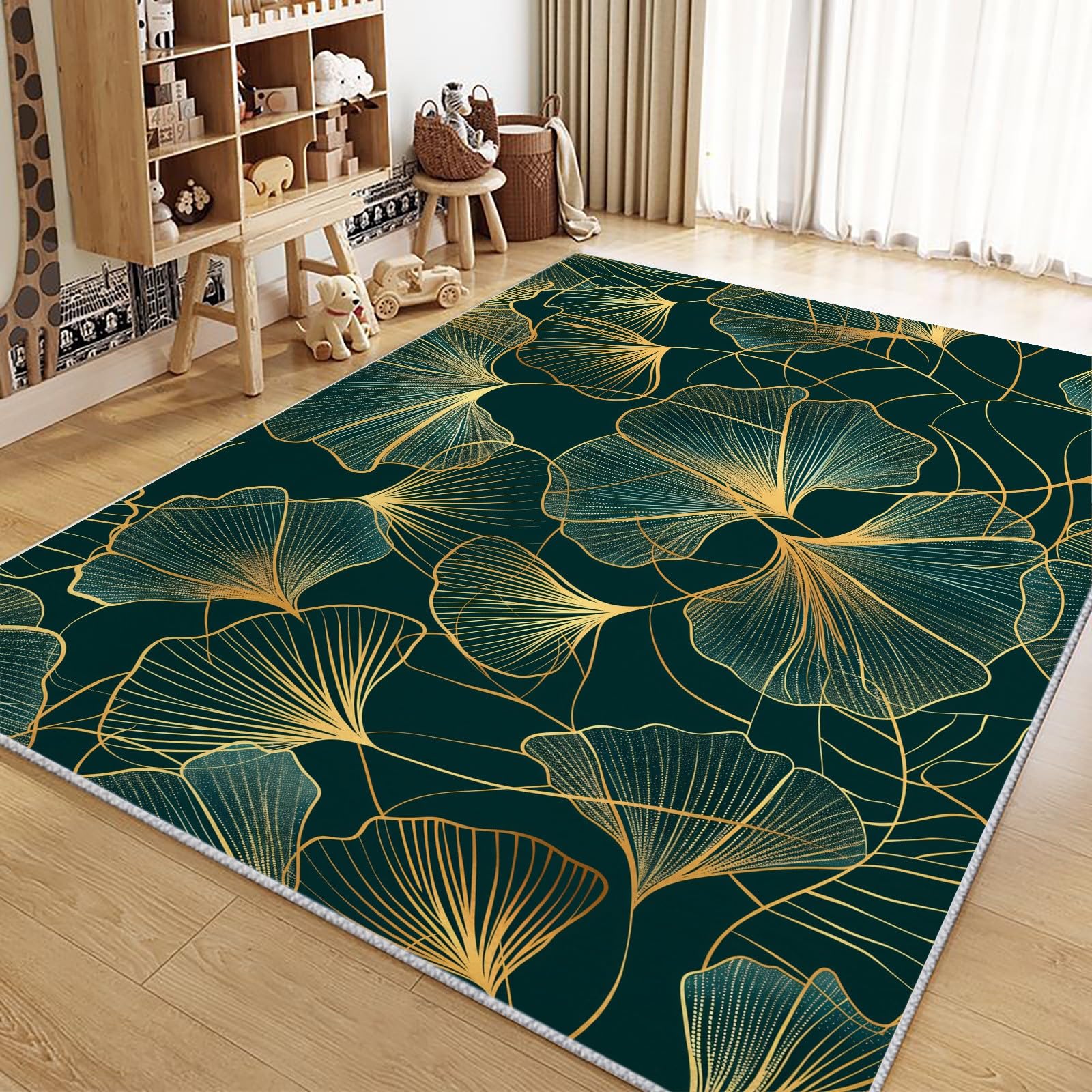 Tapis de Salon Lavable 180 x 240 cm Feuille de Ginkgo Botanique Abstraite, Tapis Antidérapant à Poils Ras Vert Foncé - Moquette Décoration de Sol Douce et Pliable pour Chambre Bureau Chambre d'enfant