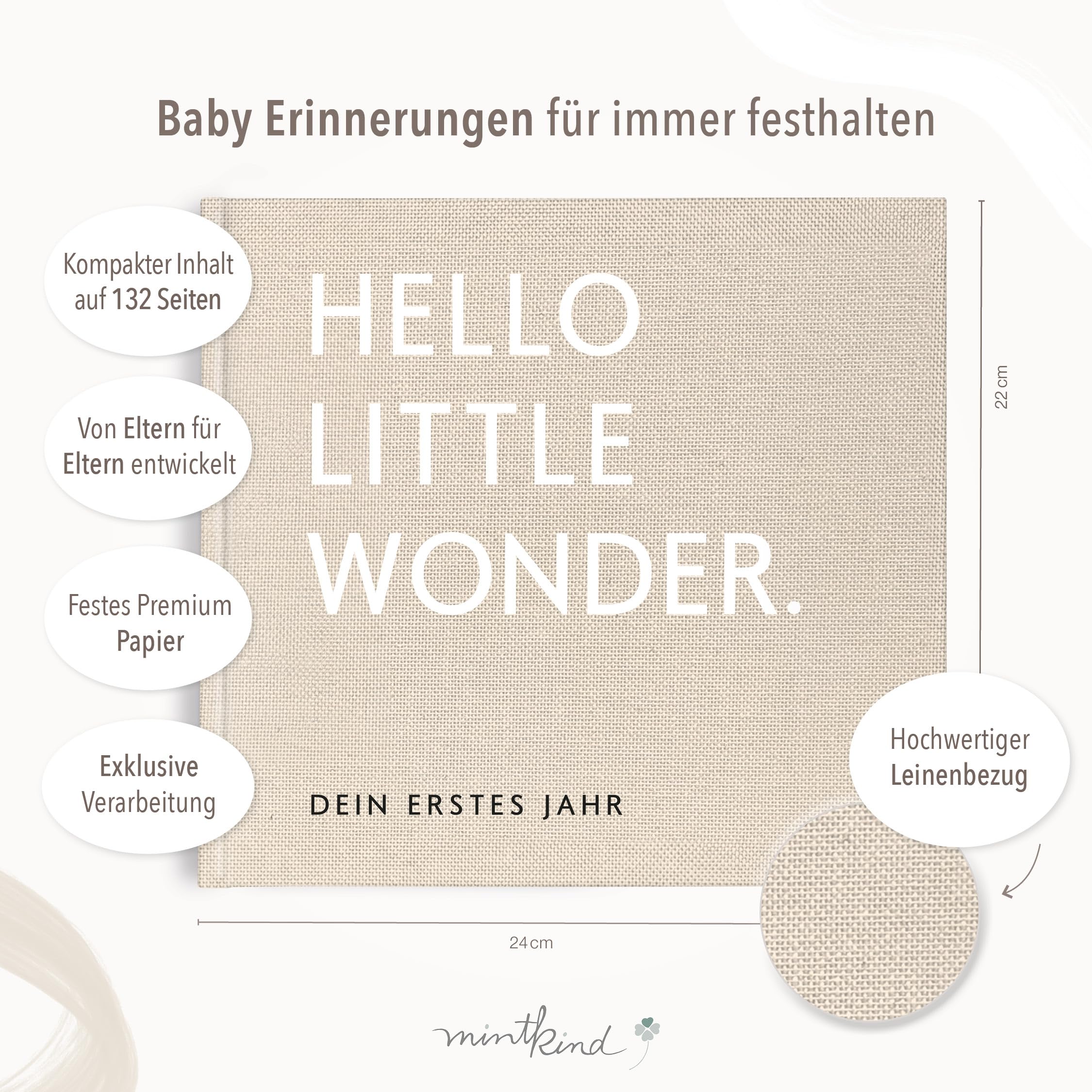 mintkind® Babytagebuch mein erstes Jahr Babyalbum Erinnerungsbuch Baby Coffee Table Edition Leineneinband beige 24x22 cm 132 Seiten Geschenk zur Geburt erstes Lebensjahr mit Platz für Fotos Notizen