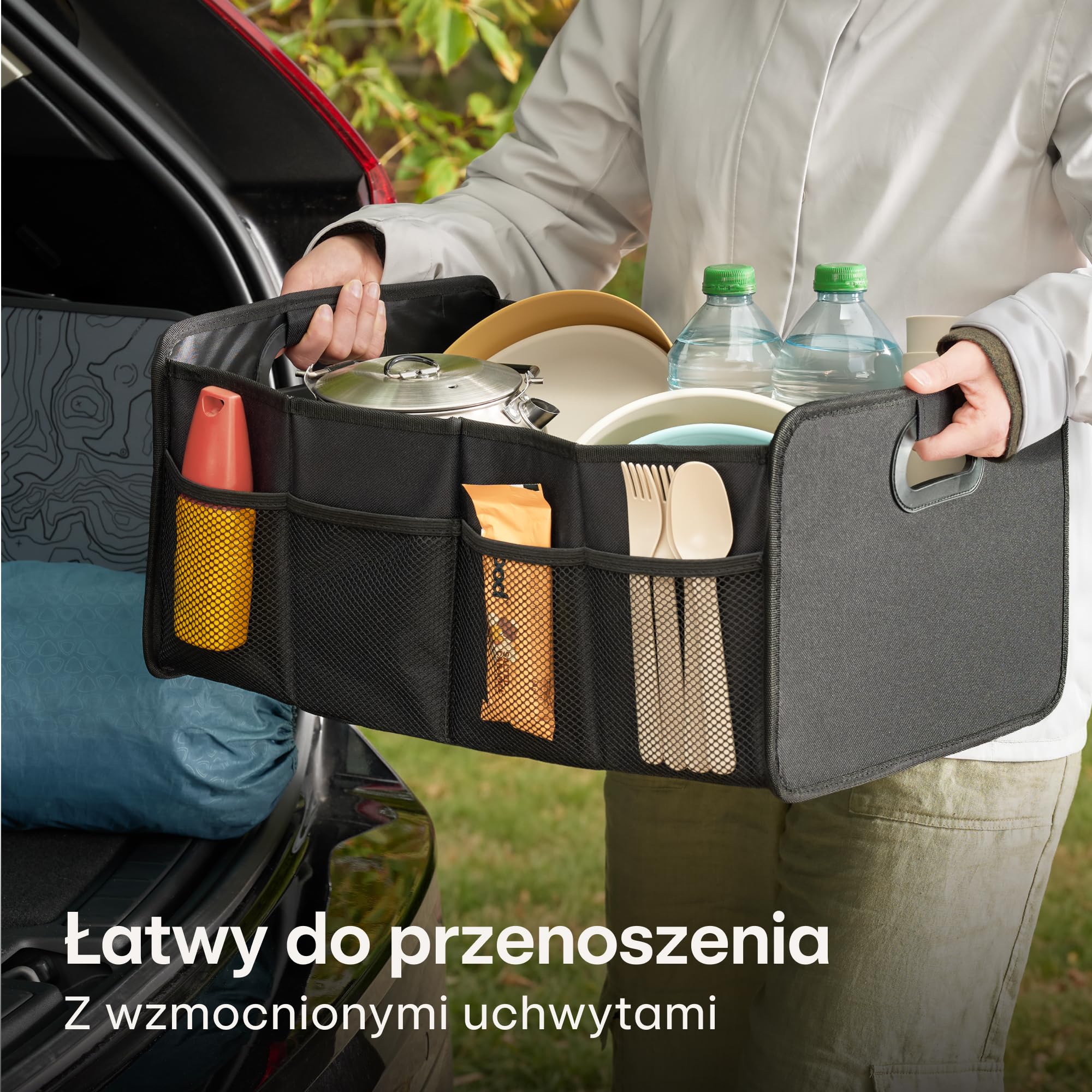 Praknu Organizer Bagażnika Składany XL – 3 Elastyczne Przedziały z 5 Kieszeniami – Antypoślizgowe Dno – Idealny Rozmiar do Organizacji Samochodu – Wytrzymały i Wodoodporny z Tkaniny Oxford
