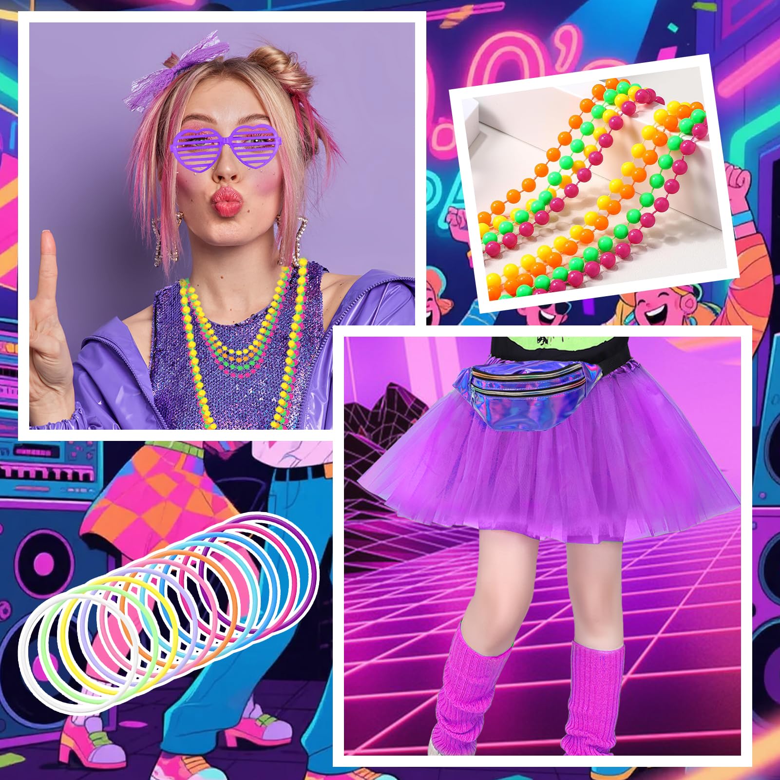 Meriviva 25 Pcs 80s Fancy Dress for Women 1980s Accessories with Neon Tutu Skirt Bracelets Necklaces Leg Warmers Fishnet Gloves Headband Glasses Earrings for 80s Party Dress Up (Purple) - Image 4