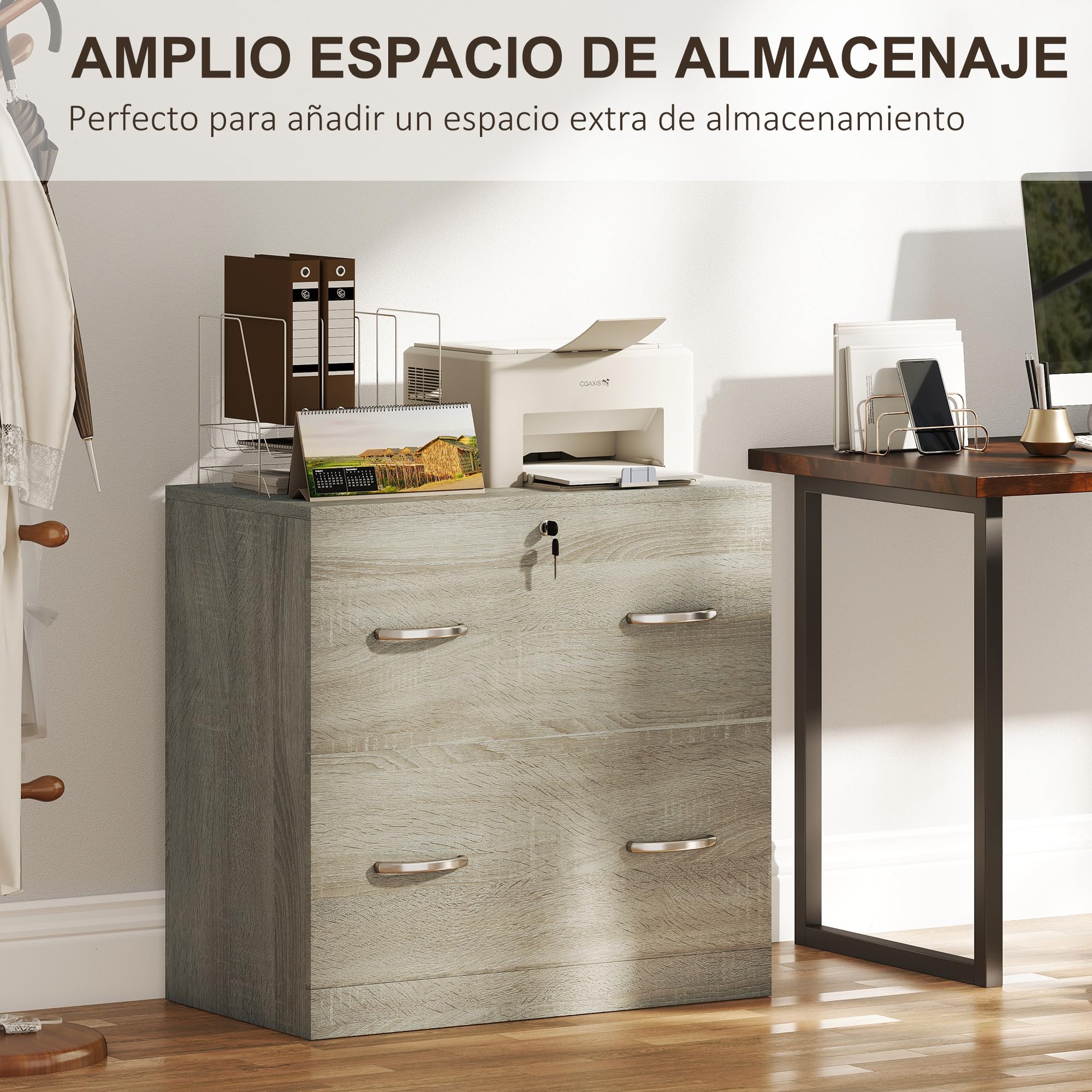 Vinsetto Commode de bureau avec 2 tiroirs avec guides pour dossiers suspendus pour serrure A4 et 2 clés pour studio salon 74 x 42 x 72 cm Naturel