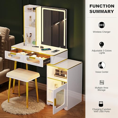 Miniatura 6 de HNEBC Escritorio de tocador con espejo y luces, juego de tocador blanco con USB B & tipo C y carga inalámbrica, tocador de maquillaje con