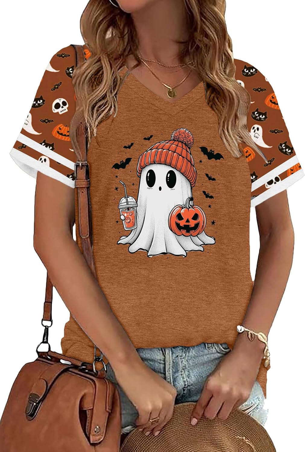 Halloween Shirts Women Fall Pumpkin Tshirt Ghost T Shirt Skeleton Tops Casual V Neck Short Sleeve Tees