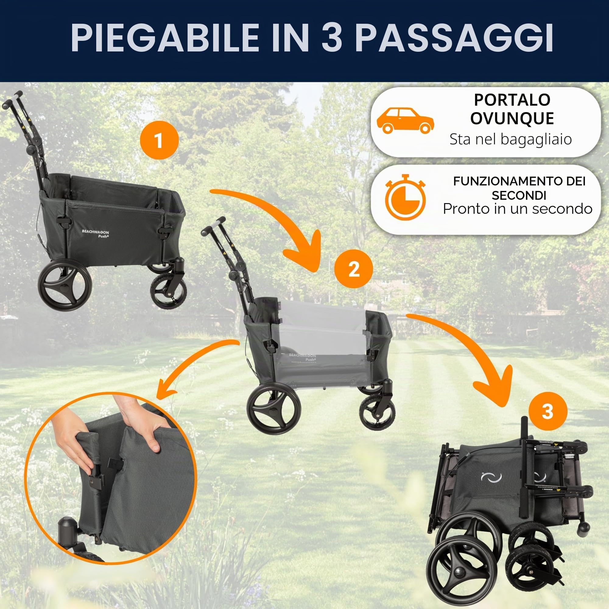 Beach Wagon Carrello con Ruote Pieghevole PUSH Combideal 40 kg, Carrello Spesa Medio con Barra di Spinta e Tetto, Leggero e Compatto, Lavabile, Carrello da Spiaggia e Giardino, Grigio Scuro