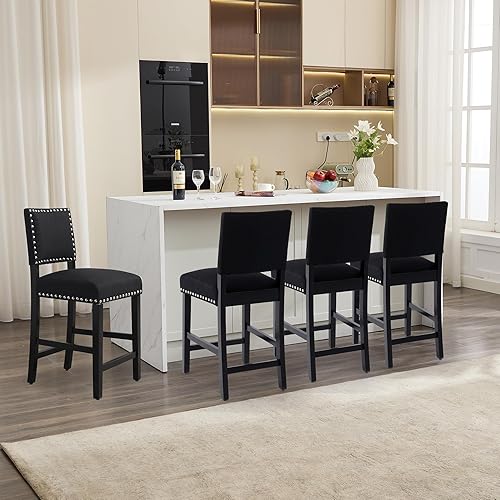 Miniatura 2 de LSSBOUGHT Taburetes de bar tapizados de tela de lino con patas de madera de goma, silla de bar con ribete clavado para isla de cocina (negro, 2