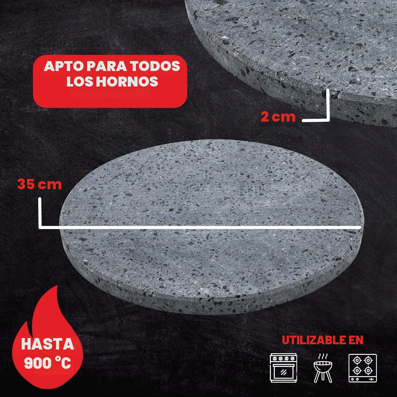 CUORE LAVICO - Kit de placa refractaria de piedra de lava etnea redonda para pizza diámetro 35 SP. 2 cm + pala | horno de gas, eléctrico y barbacoa para pan y pinza. Fabricado en Italia