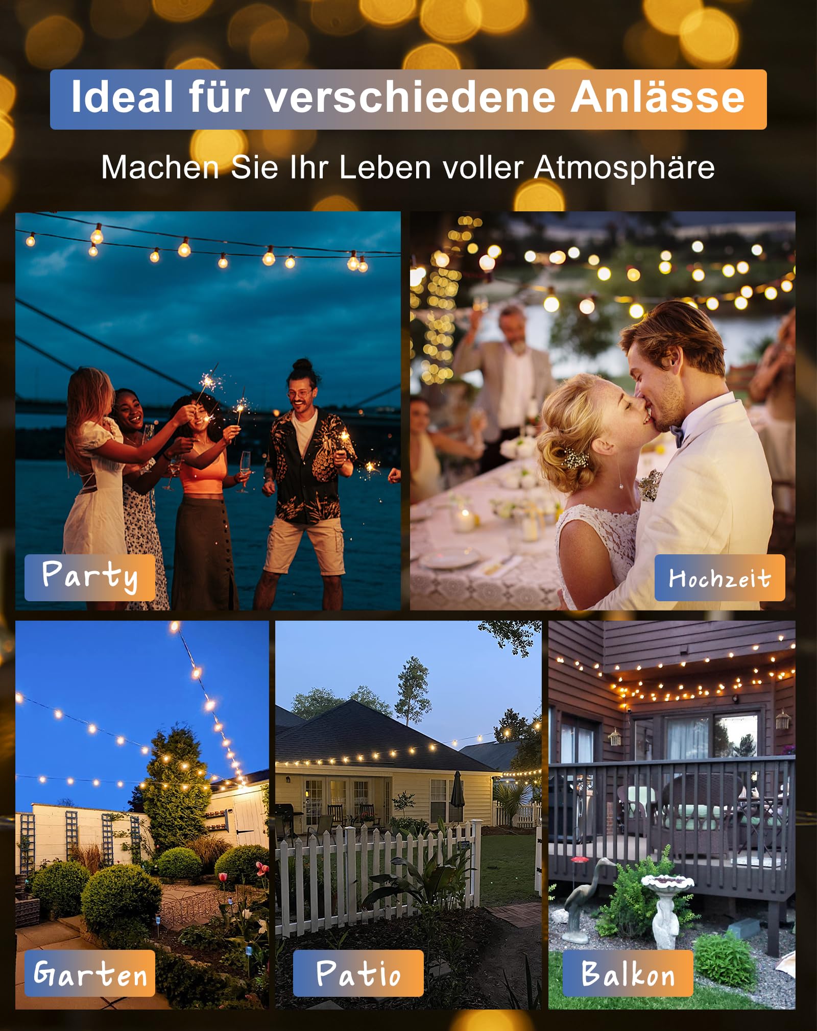 LED Lichterkette Außen Strom 45m, Lichterkette Glühbirnen Aussen mit 73+3 Dimmbaren Warmweißen Birnen, Wetterfeste Lichterkette Outdoor für Terrasse, Garten, Party, Balkon, Hochzeiten